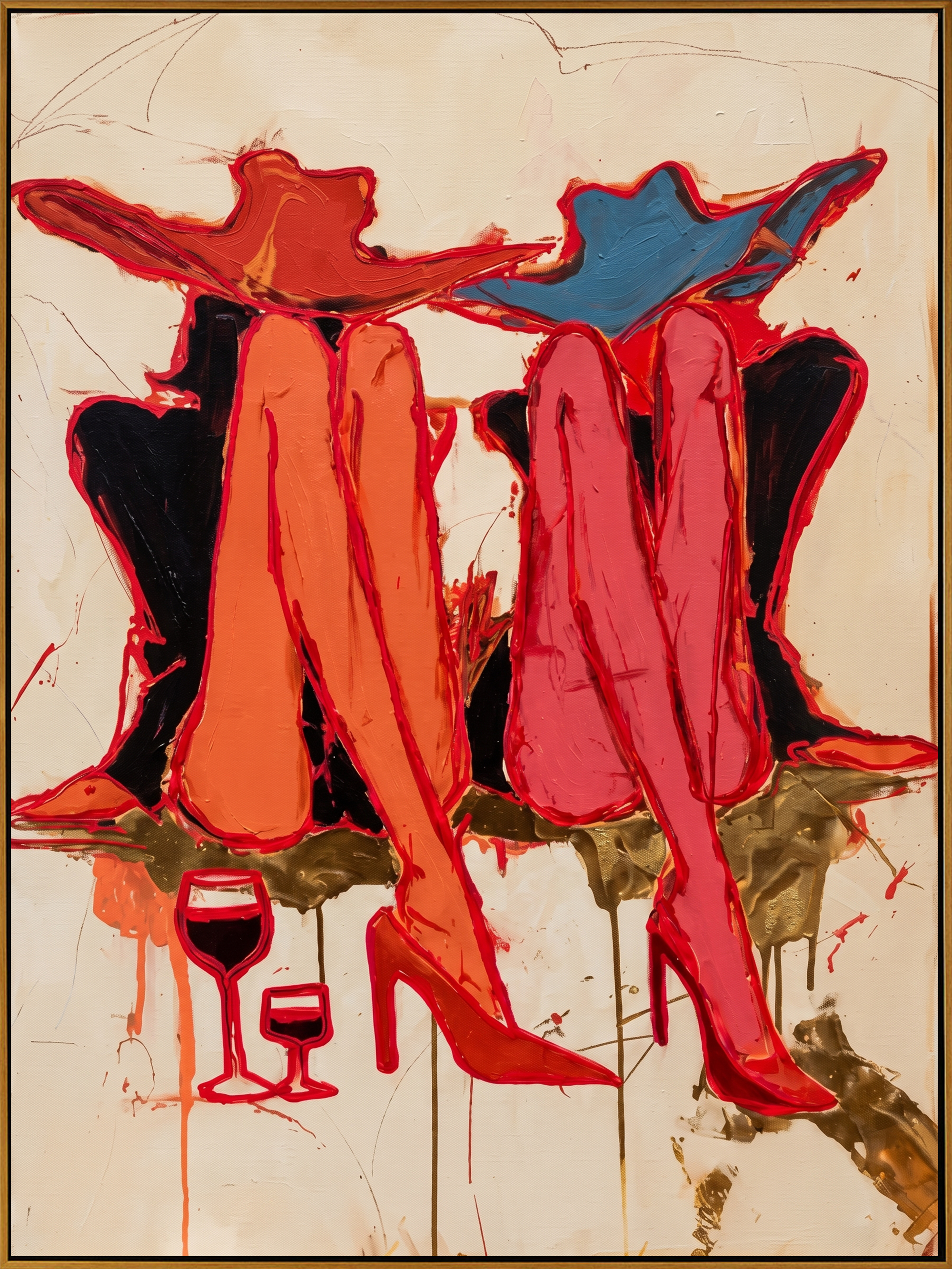 "Cowgirls’ Wine Hour" – Modern Heavy Impasto Abstract Figurative Art | 3D Crimson & Indigo Palette Knife Painting | Luxury Vertical Wall Art #PE 520