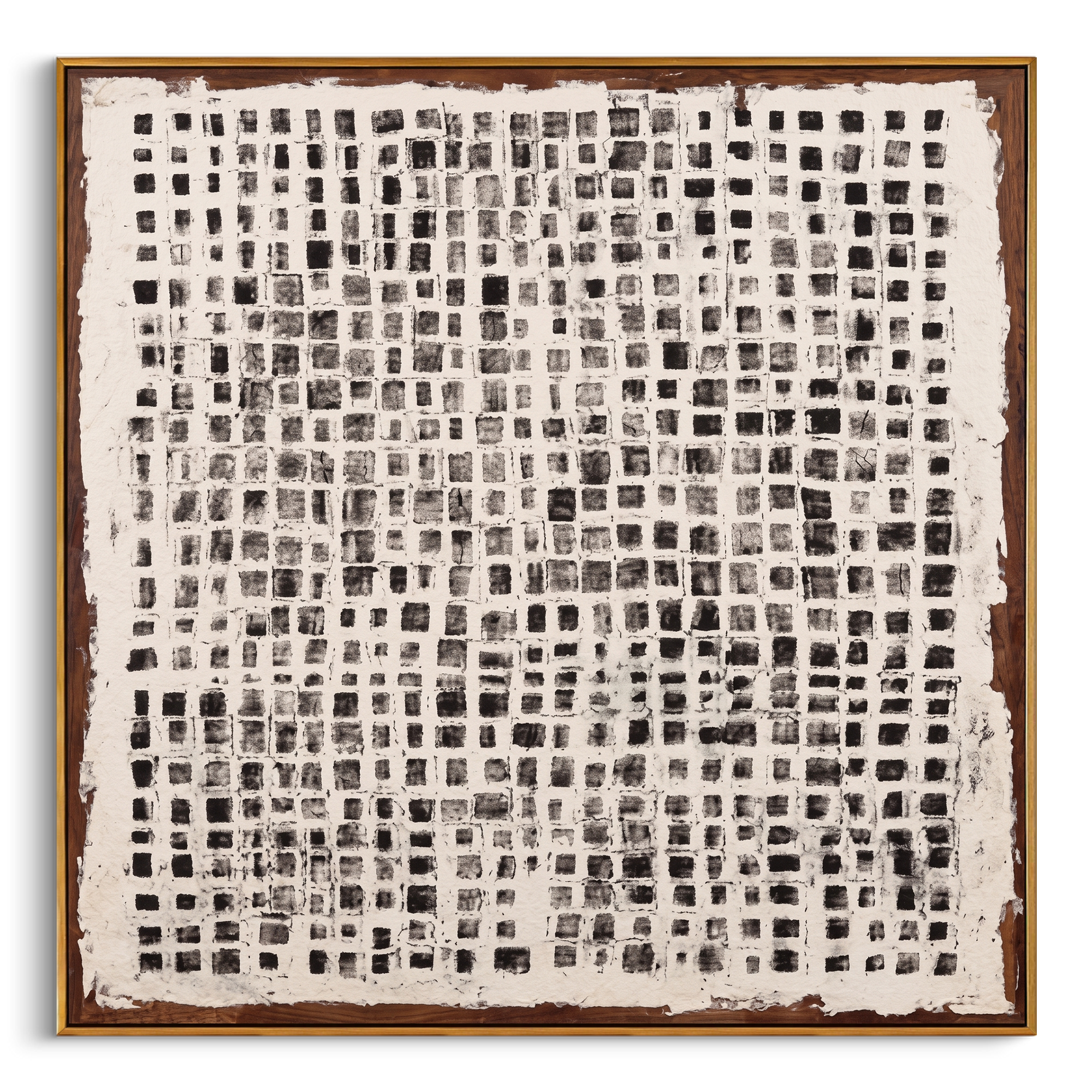 "Vintage Ink Grid" - Modern Heavy Impasto Minimal Geometric Art | 3D Charcoal Black & Off-White Palette Knife Painting | Luxury Square Wall Art #WS259