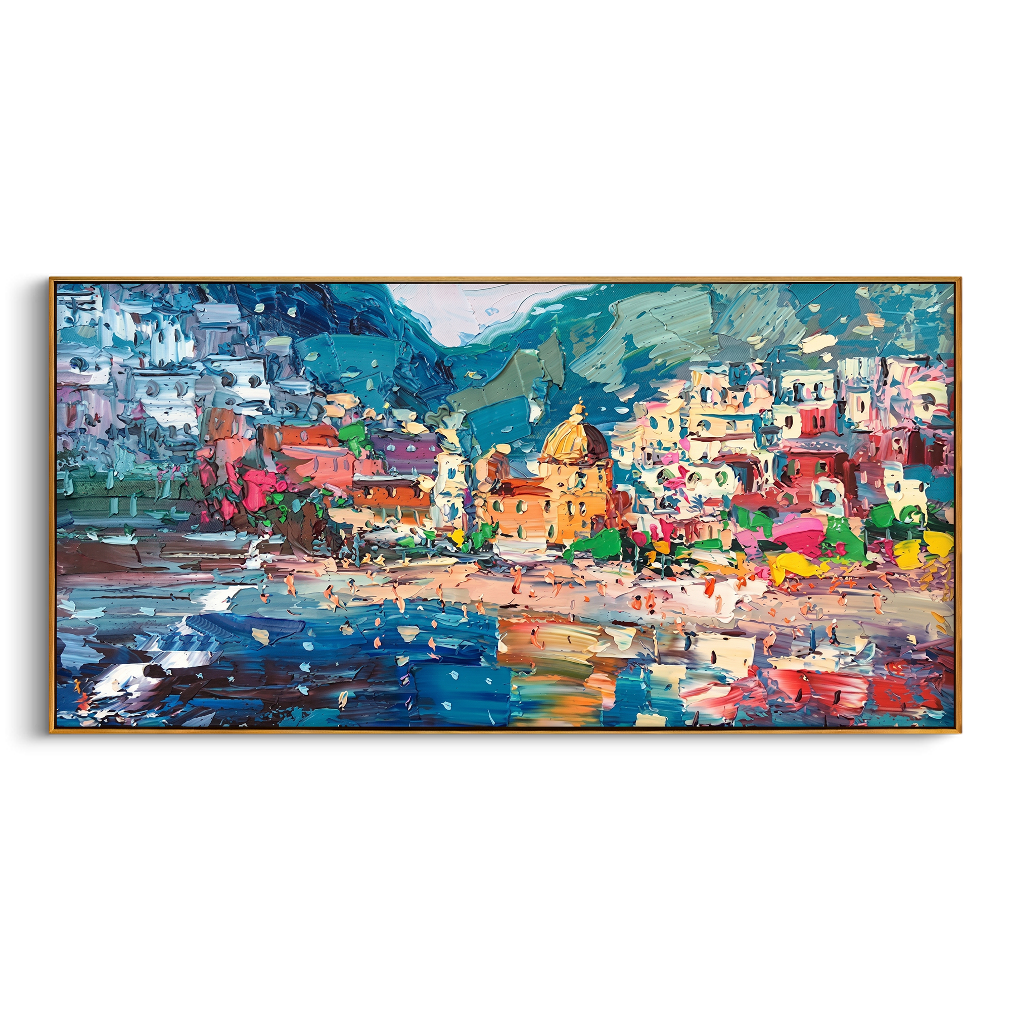 "Pastel Positano Beach Harbor" - Modern Heavy Impasto Mediterranean Landscape | 3D Turquoise Sea & Multicolored Village Palette Knife Painting | Luxury Horizontal Wall Art #PT 582
