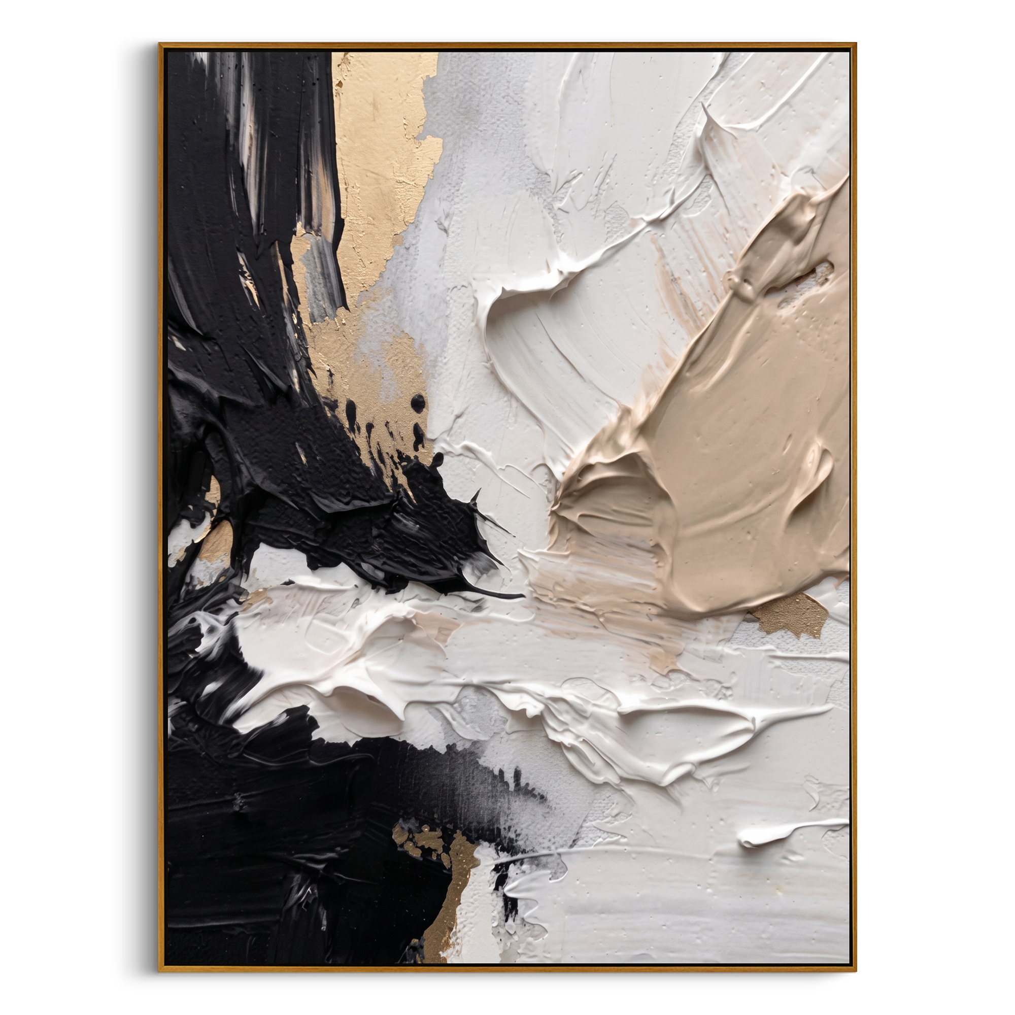 "Noir & Gold Fusion" – Modern Heavy Impasto Abstract | 3D Black, Beige & Gold Palette Knife Painting | Luxury Vertical Wall Art #PT 550