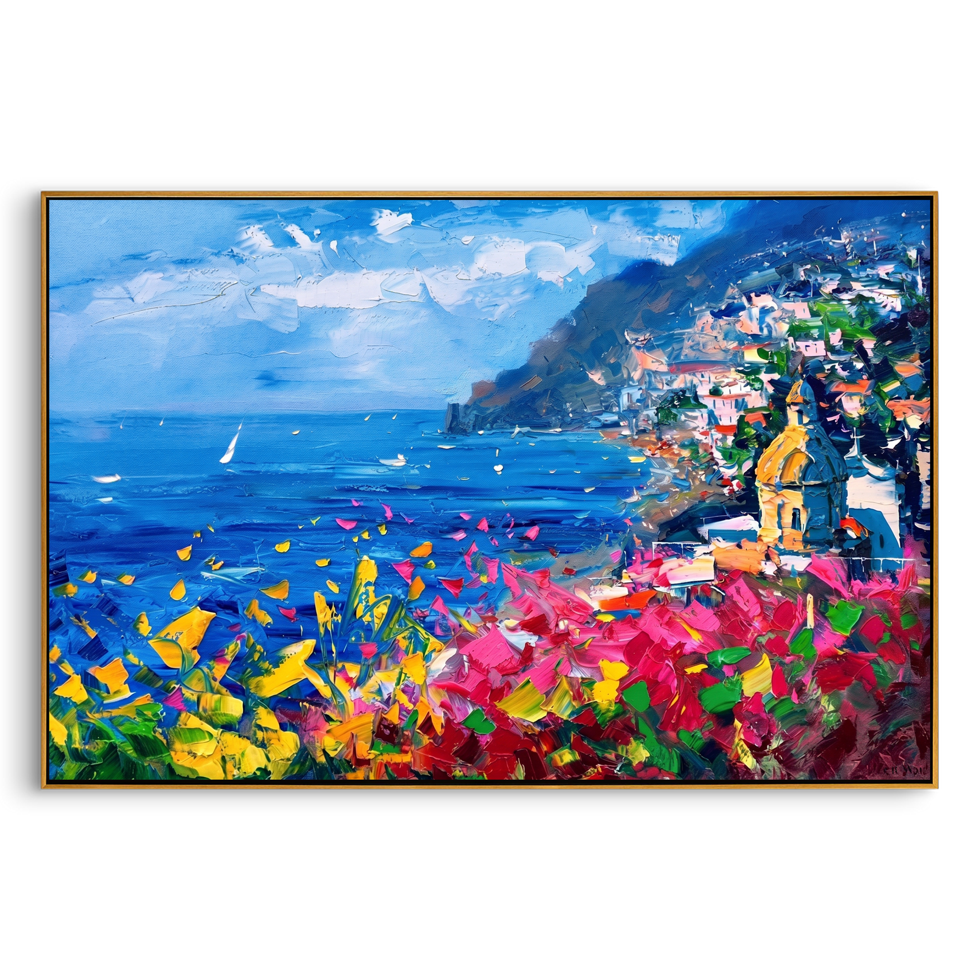 "Coastal Bloom Vista" - Colorful Mediterranean Seascape | Heavy Impasto Blue Ocean & Floral Palette Knife Painting | Luxury Horizontal Wall Art #PT 590