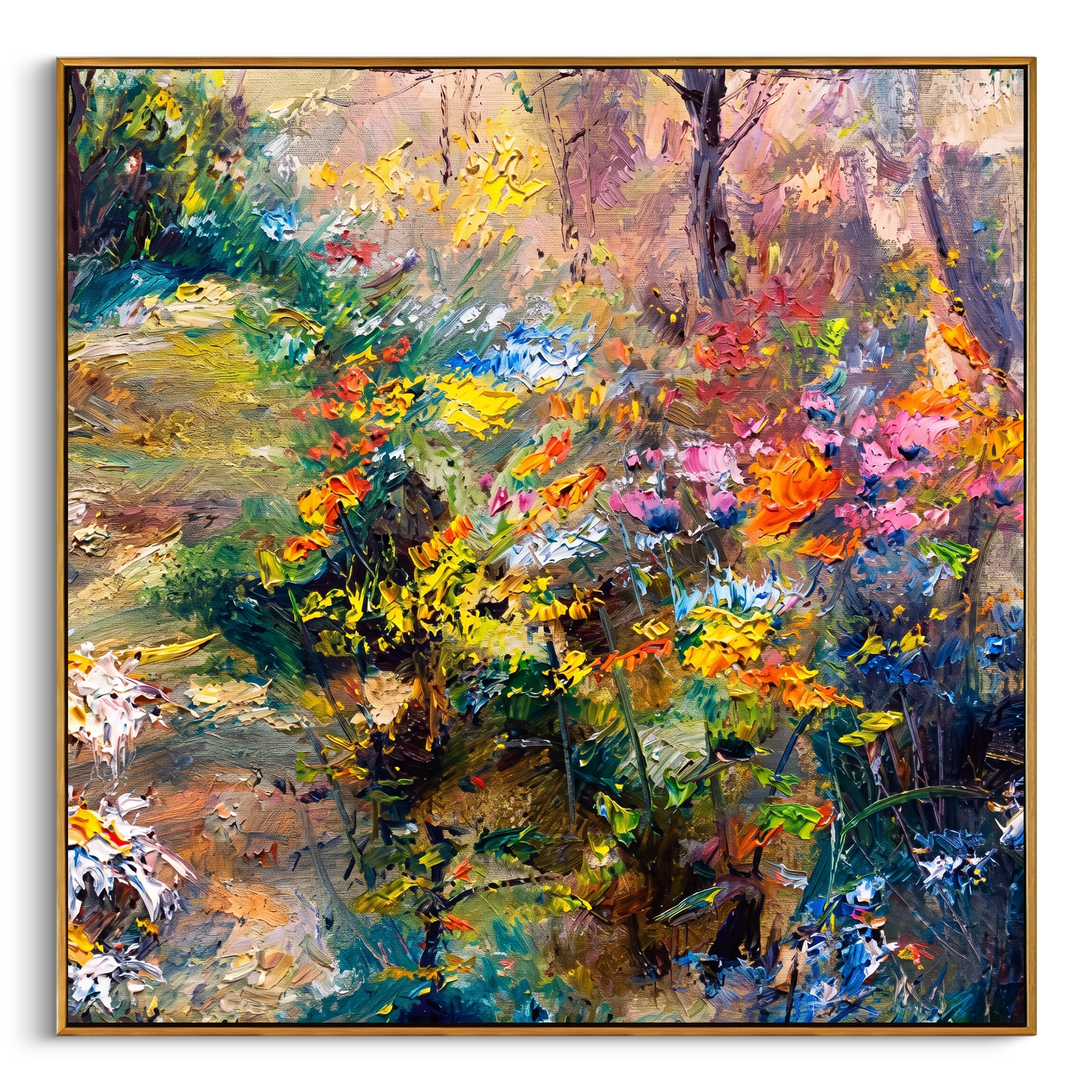 "Wildflower Woodland Bloom" – Modern Heavy Impasto Impressionist Landscape | 3D Golden Citrus & Forest Sage Palette Knife Painting | Luxury Square Wall Art #PT 568