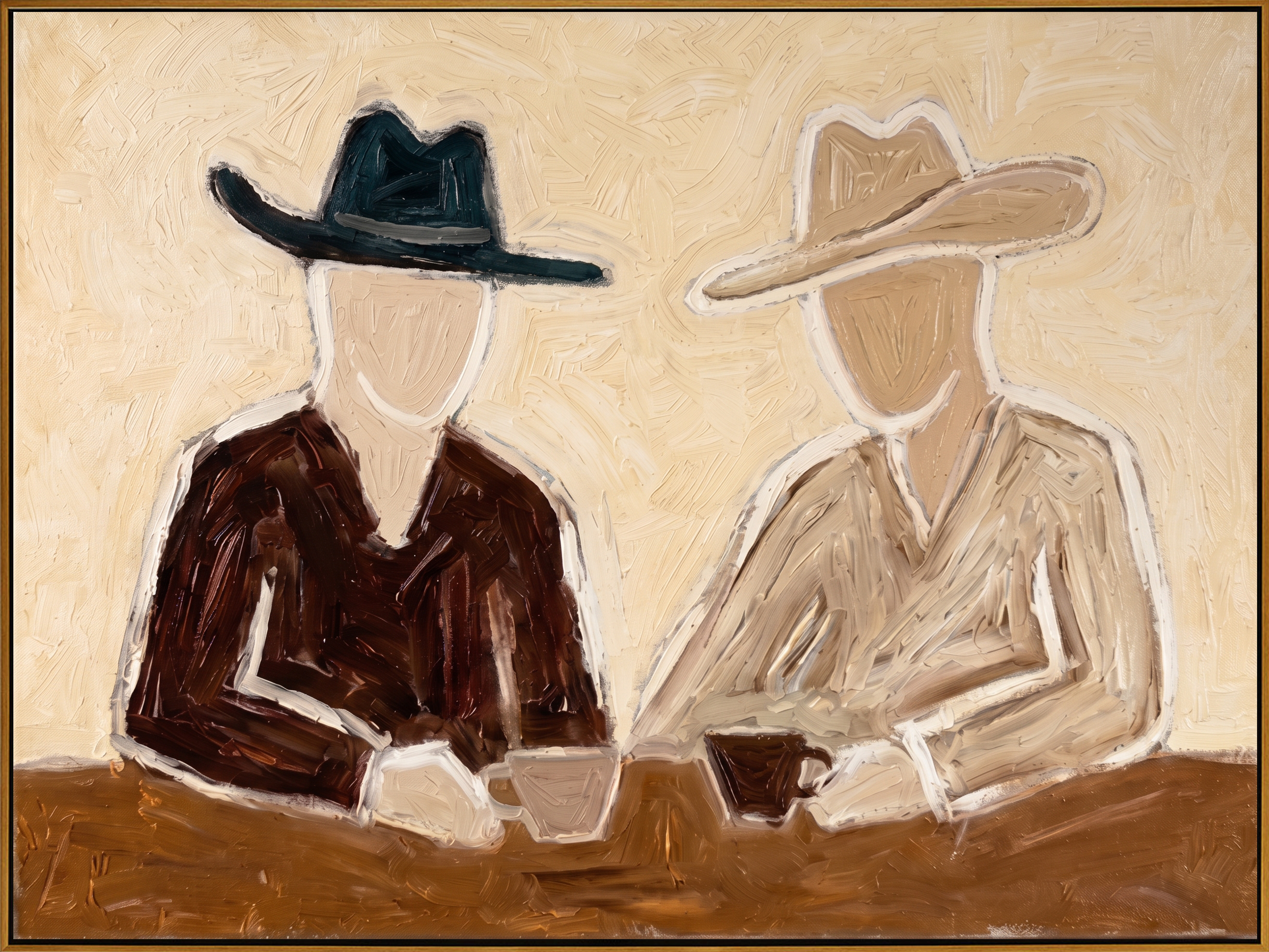 "Two Cowboys’ Coffee Chat" – Modern Heavy Impasto Minimal Western Figurative | 3D Warm Cream & Earth Brown Palette Knife Painting | Luxury Horizontal Wall Art #PE 524