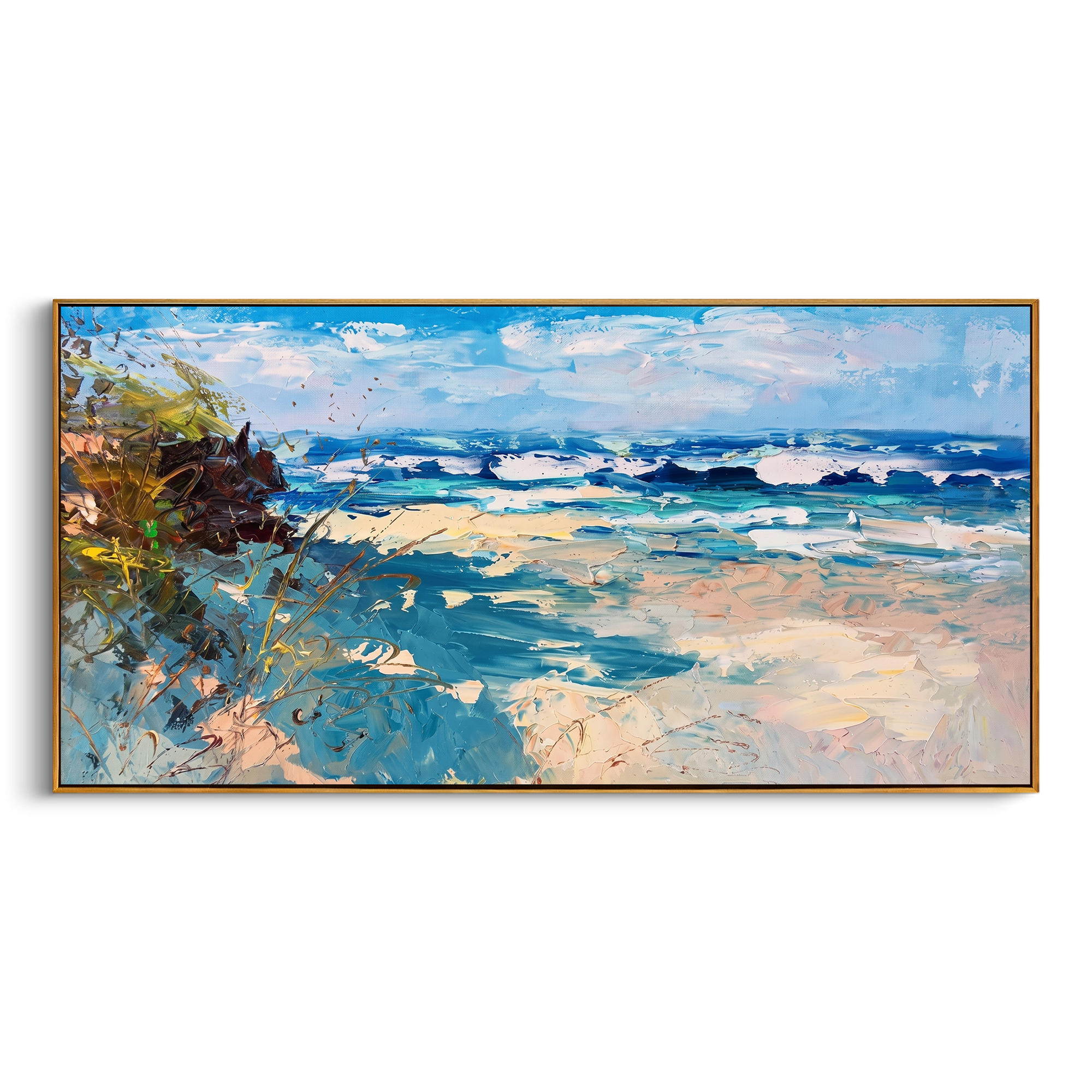 "Textured Dune Shore Ocean Waves" – Modern Heavy Impasto Impressionist Seascape | 3D Turquoise Aqua & Cream Sand Palette Knife Painting | Luxury Horizontal Wall Art #PT 578