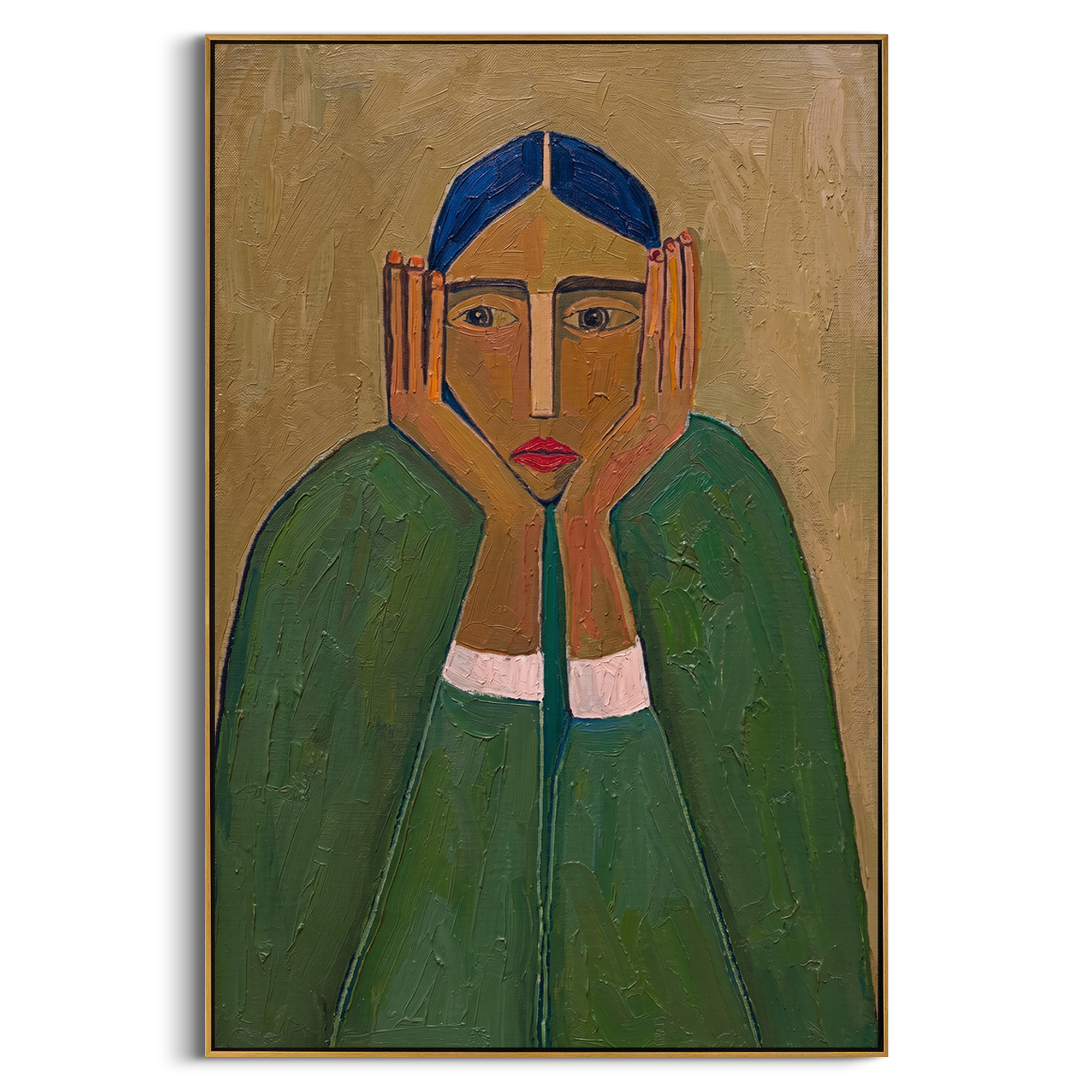"Contemplative Primitive Lady Portrait" – Modern Heavy Impasto Figurative Art | 3D Olive & Emerald Palette Knife Painting | Luxury Vertical Wall Art #PT 639