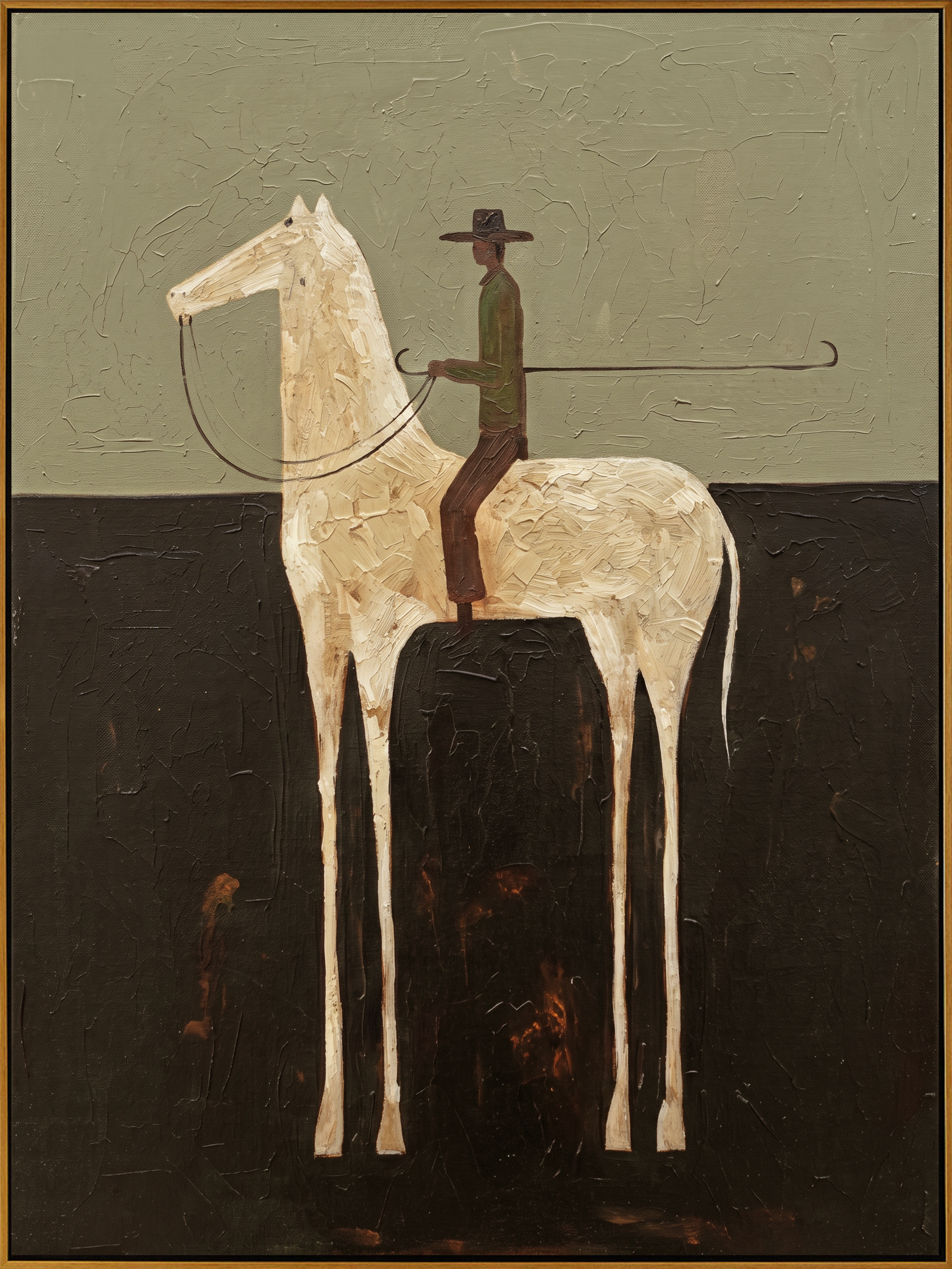 "Cowboy on the White Steed" – Stylized Minimalist Impasto Artwork | Earthy Tones Textured Wall Decor | Contemporary Vertical Statement Piece #AB 500
