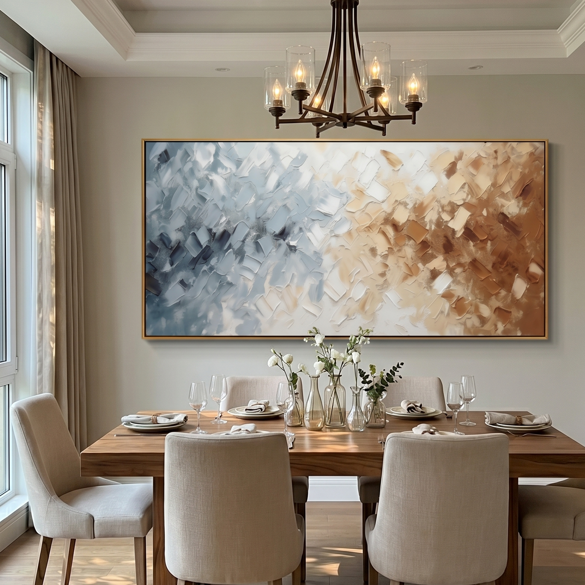 "The Convergence of Eras" – Modern Heavy Impasto Abstract | 3D Blue & Caramel Palette Knife Painting | Luxury Horizontal Wall Art #PT 542