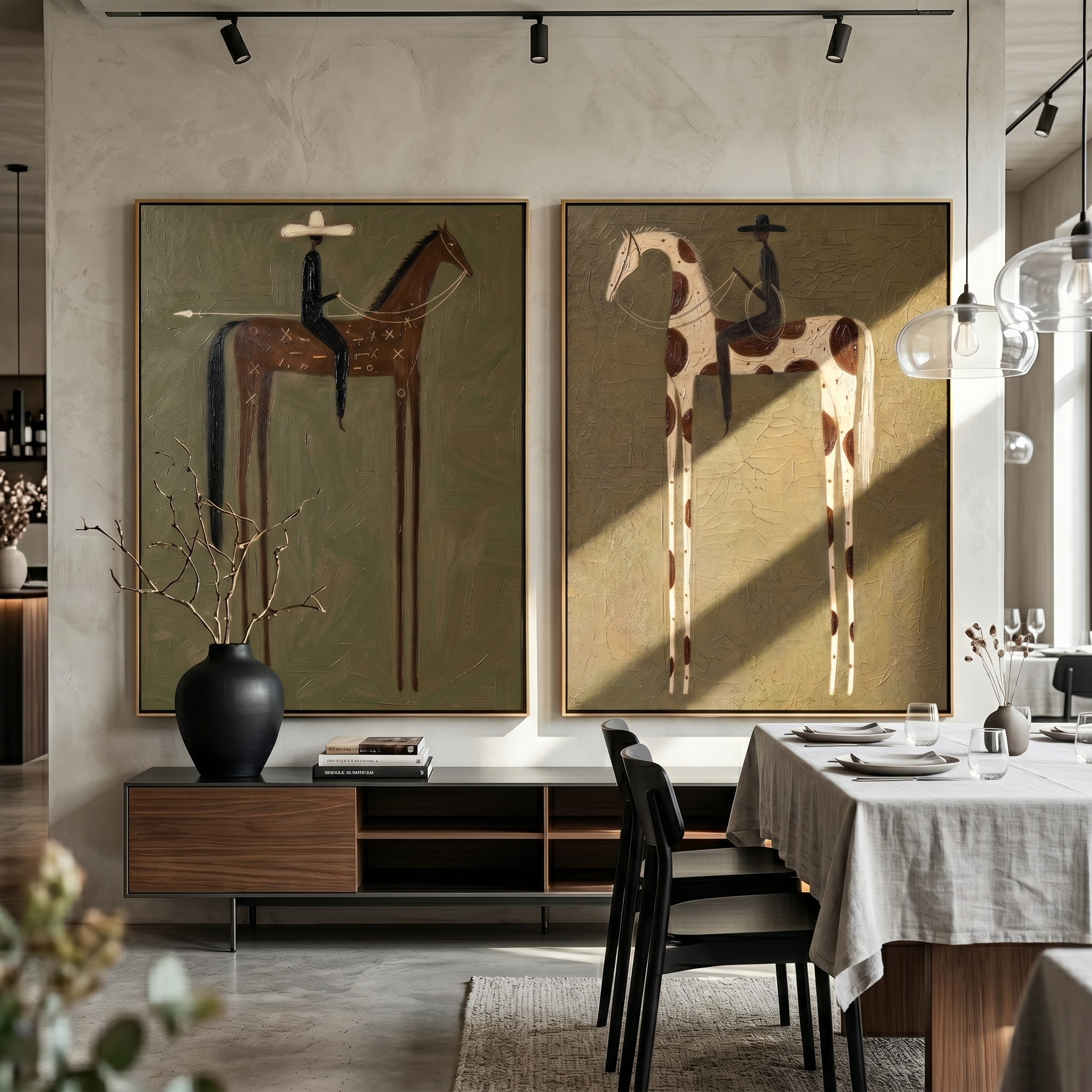 "Dual Long-Legged Cowboy Wanderers Diptych" – Modern Heavy Impasto Primitive Western Figurative | 3D Muted Olive & Rust Umber Palette Knife Painting | Luxury Two-Panel Vertical Wall Art Set #AB 521