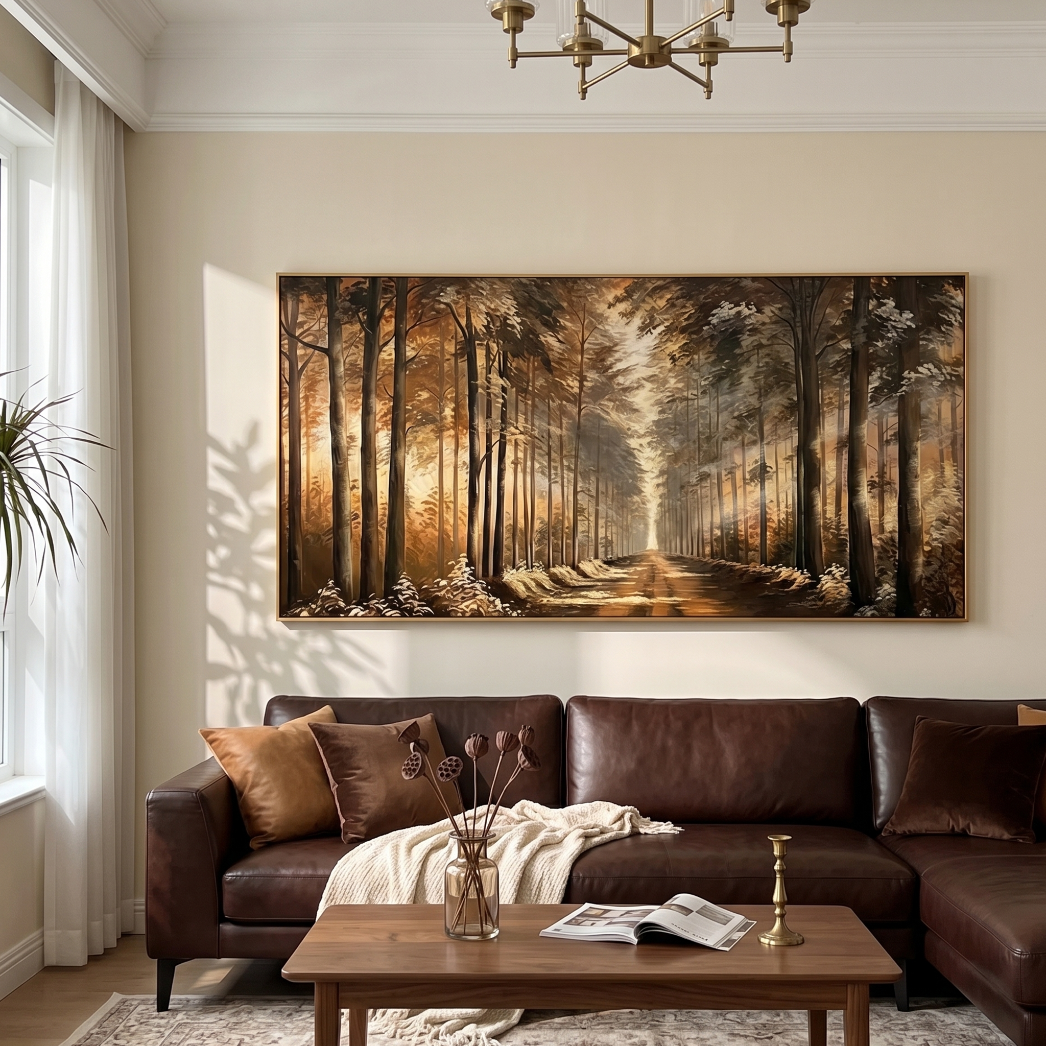 "The Golden Passage" – Realistic Forest Sunlight Oil Painting | Immersive Deep Perspective Woodland Art | High-End Amber & Umber Wall Decor #LC153