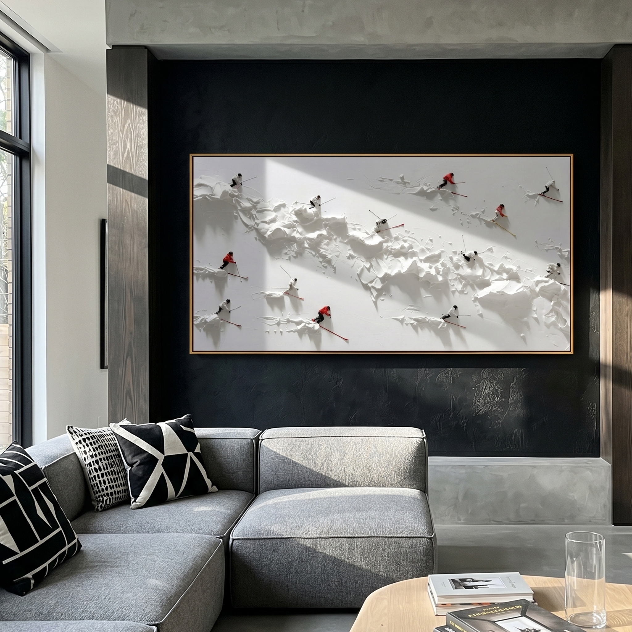 "The Alpine Rush" – Modern 3D Heavy Impasto Skiing Abstract | Minimalist White Relief Statement Art #PT 545