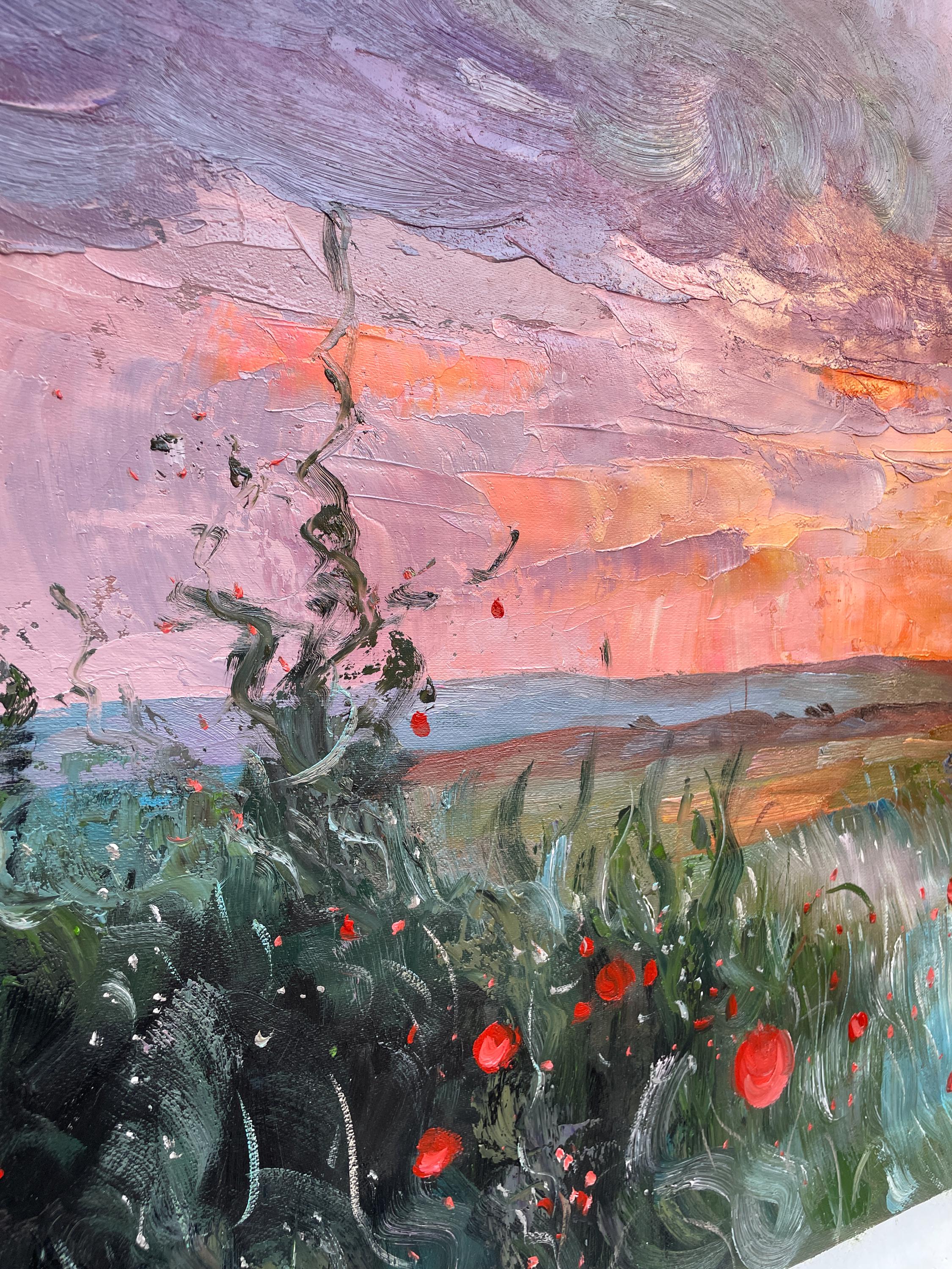 "Lavender Sunset Poppy Meadow" – Modern Heavy Impasto Impressionist Landscape | 3D Dusk Violet & Tangerine Glow Palette Knife Painting | Luxury Vertical Wall Art #PT 571