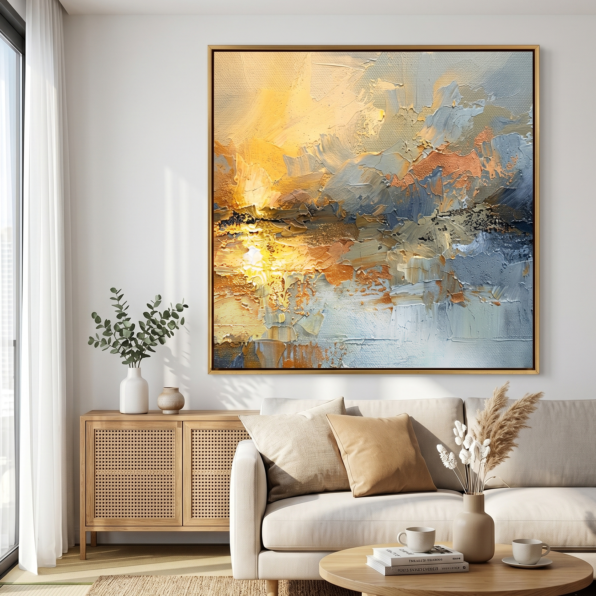 "Ethereal Dawn" – Modern Impressionist Sunrise Abstract | Bold Amber Gold & Mist Blue Gallery Wall Art #AB1022