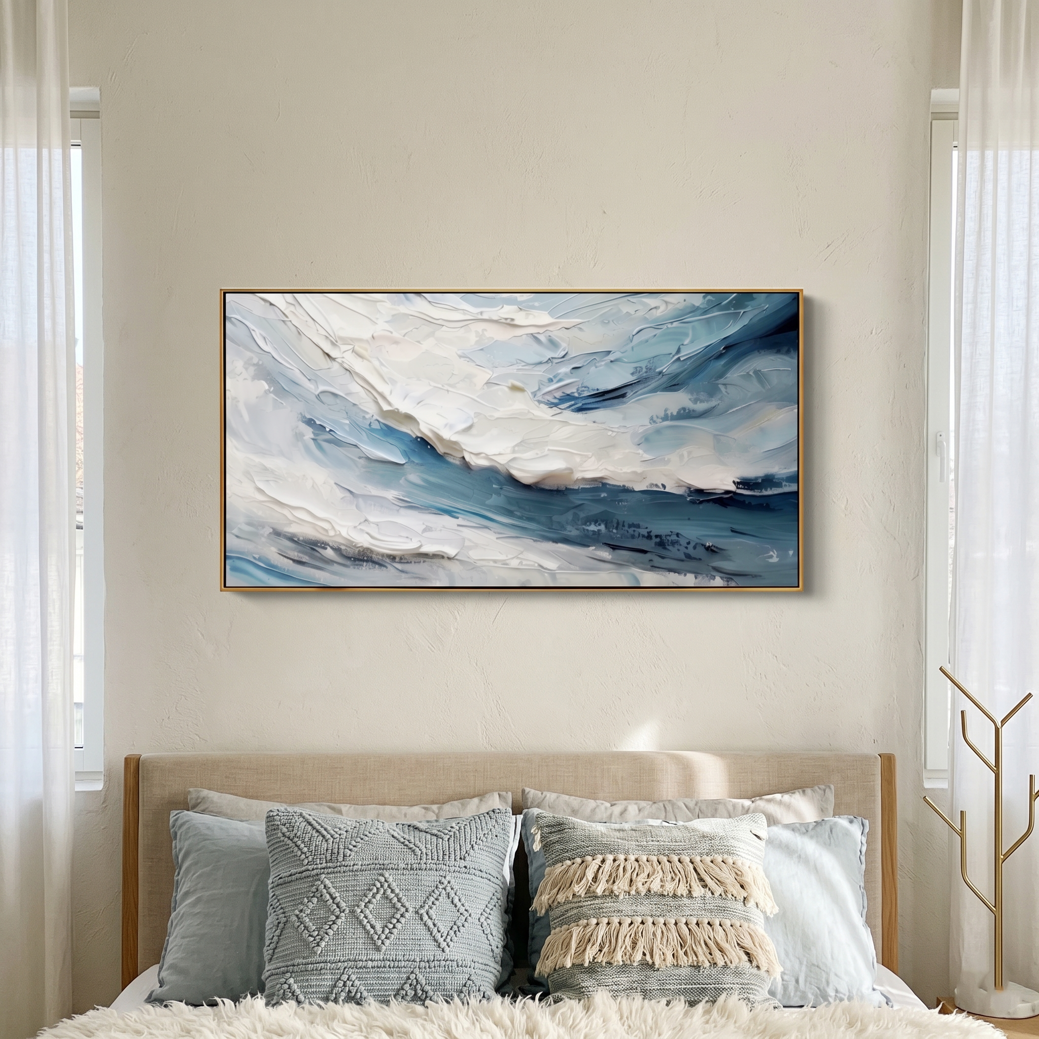 "Frozen Tide" – 3D Sculptural Heavy Impasto Wave | Modern Minimalist Blue & White Horizontal Gallery Art #PT 544