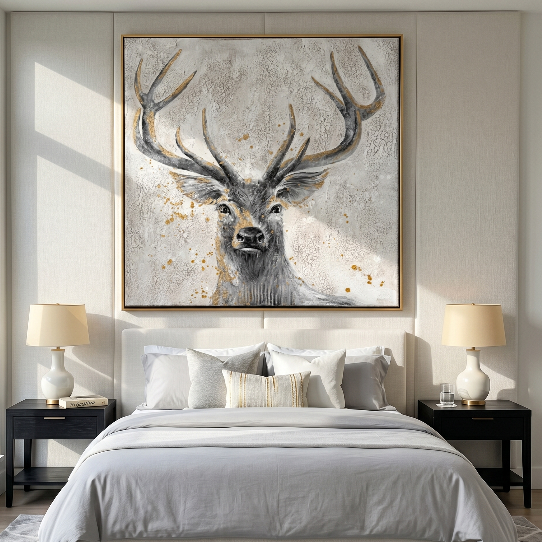 "The Gilded Guardian" – Modern Heavy Impasto Deer Portrait | Luxury 3D Crackle Texture Wall Art | Elegant Gold Foil Painting #AN135