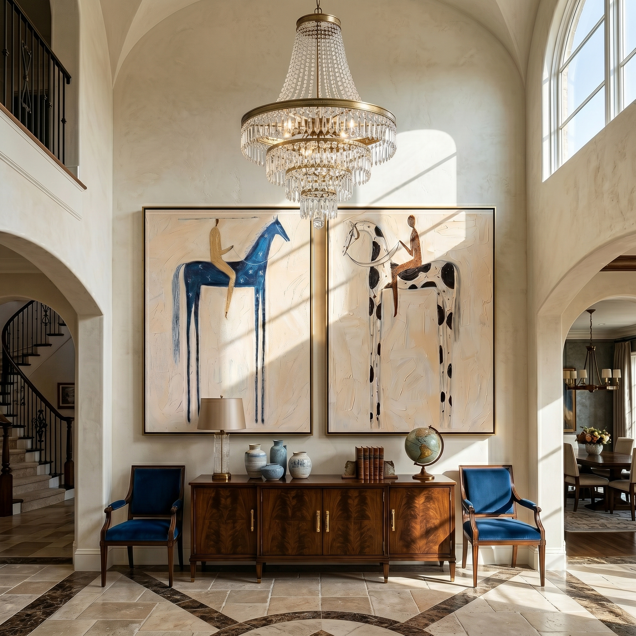 "Dual Stylized Equine Journey" – Modern Heavy Impasto Primitive Figurative | 3D Navy Blue & Warm Taupe Palette Knife Painting | Luxury Two-Panel Vertical Wall Art Set #AB 520