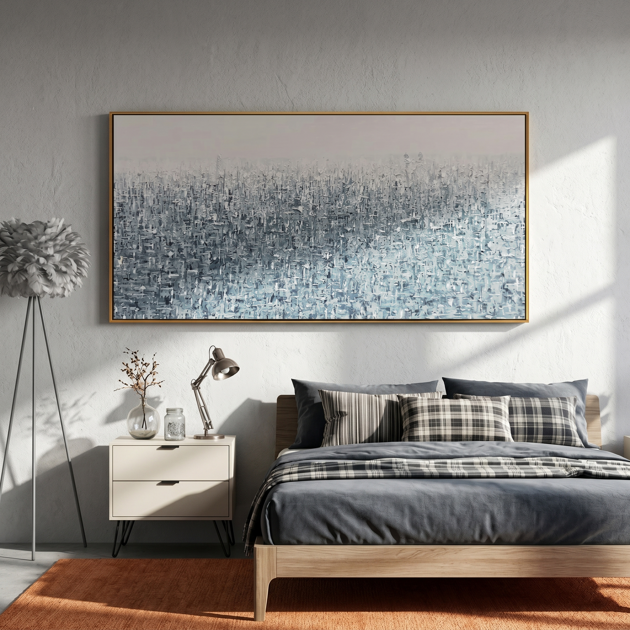 "Cyber Matrix" – Modern Minimalist 3D Heavy Impasto Abstract | Frosted Silver Gray Horizontal Statement Art #MI189