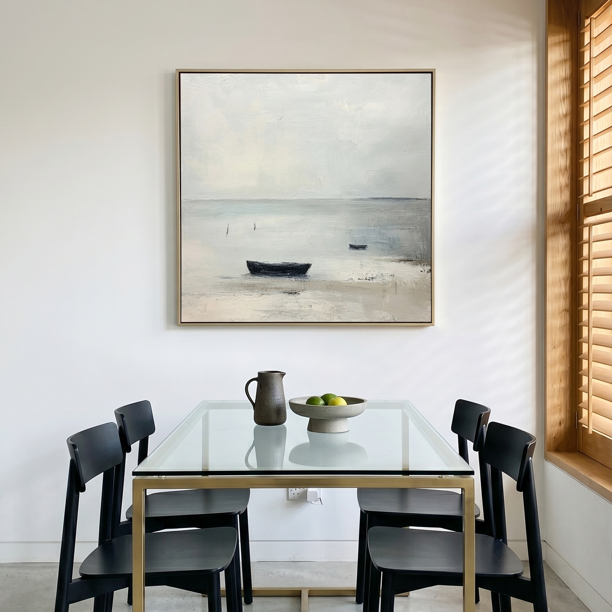 "The Silent Moor" – Modern Zen Minimalist Boat Abstract | Misty Gray Seascape Wabi-Sabi Gallery Art #WS 228