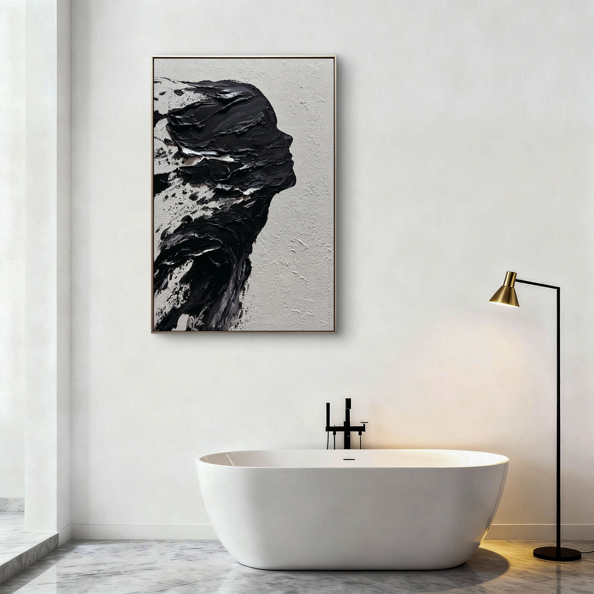 "The Silent Void" – Avant-Garde Black & White Impasto Silhouette | Modern 3D Heavy Texture Woman Portrait Art #PE467