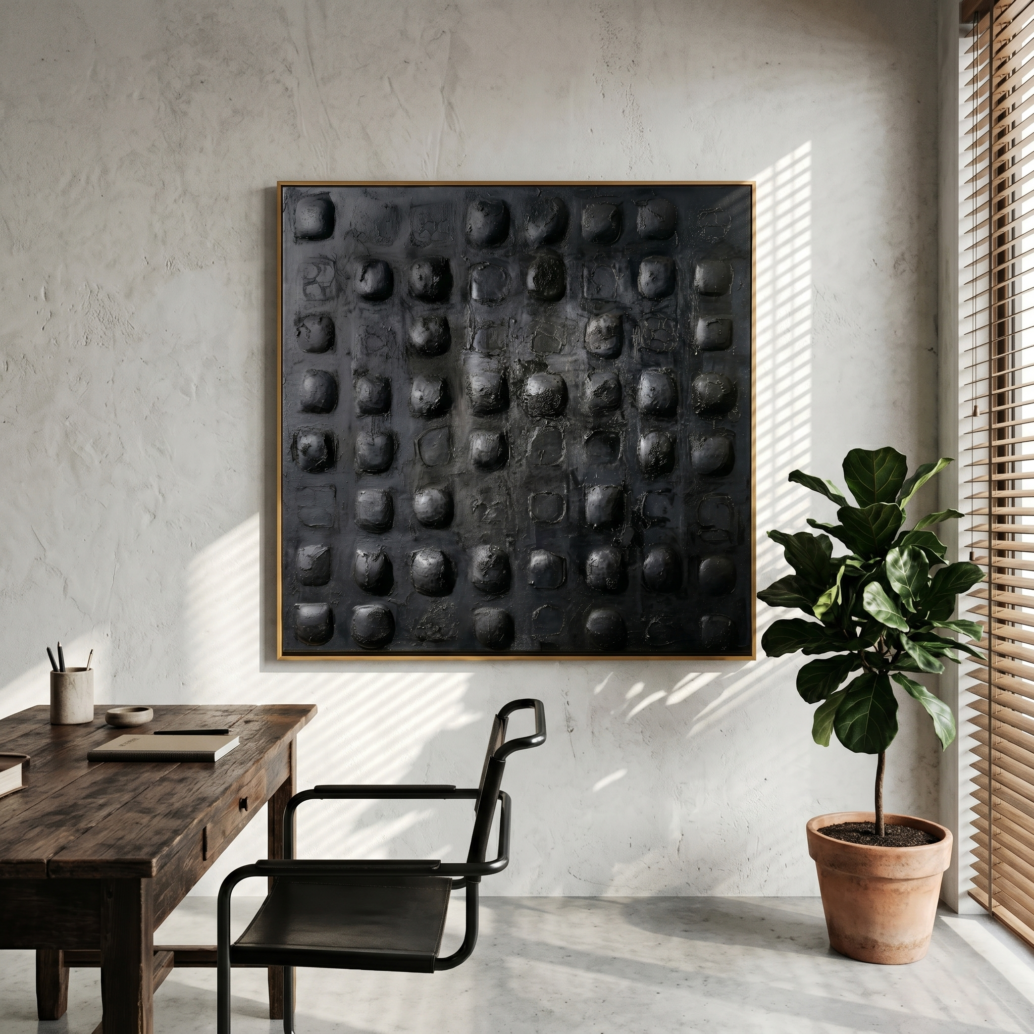 "Obsidian Pulse" – Dark Minimalist 3D Matrix Relief | Hand-Textured Carbon-Black Abstract Painting for Luxury Interiors #WS 233
