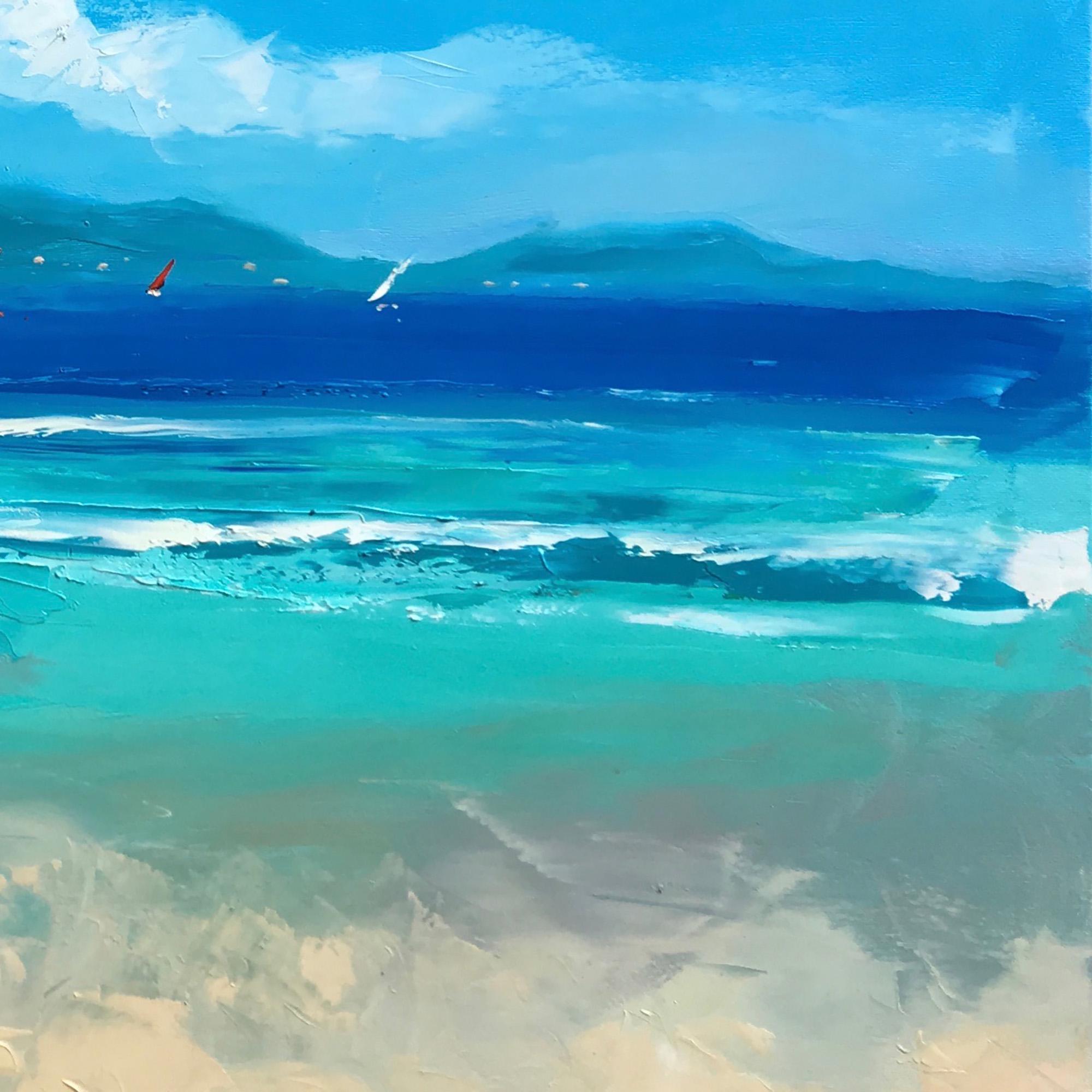 "Sunny Tropical Bay Shoreline" - Modern Heavy Impasto Impressionist Seascape | 3D Turquoise Lagoon & Warm Sand Palette Knife Painting | Luxury Horizontal Wall Art #PT 579