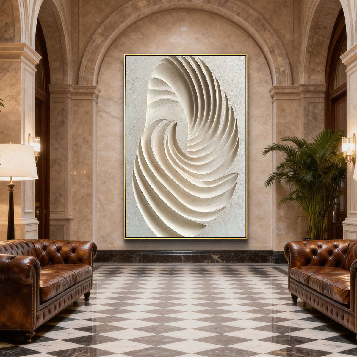 This 100% hand-crafted textured abstract artwork features a flowing spiral relief built in soft ivory and warm beige tones. The raised surface creates natural shadow and movement, making it a refined choice for living rooms, bedrooms, entryways, villas, hotels, and minimalist interiors.