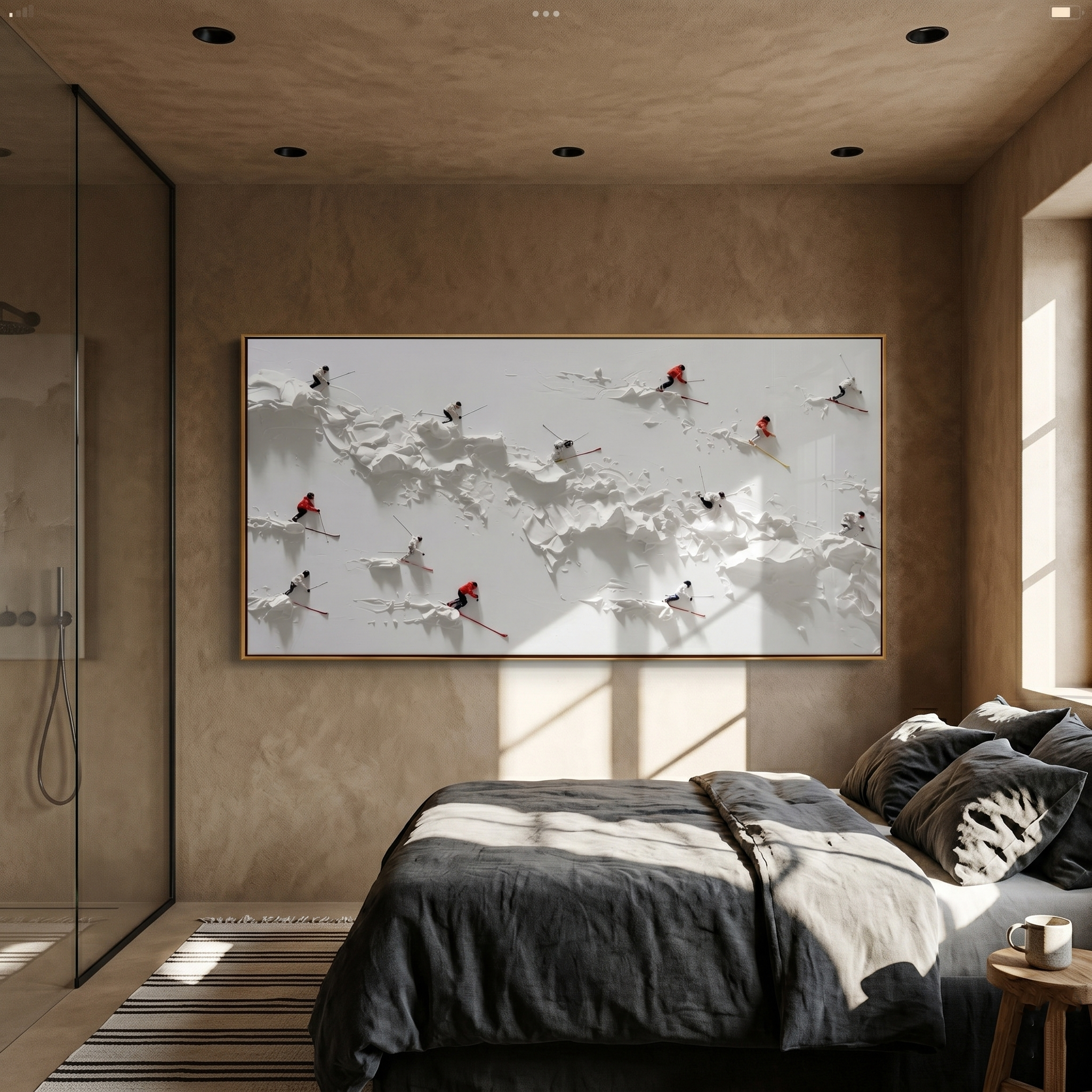 "The Alpine Rush" – Modern 3D Heavy Impasto Skiing Abstract | Minimalist White Relief Statement Art #PT 545