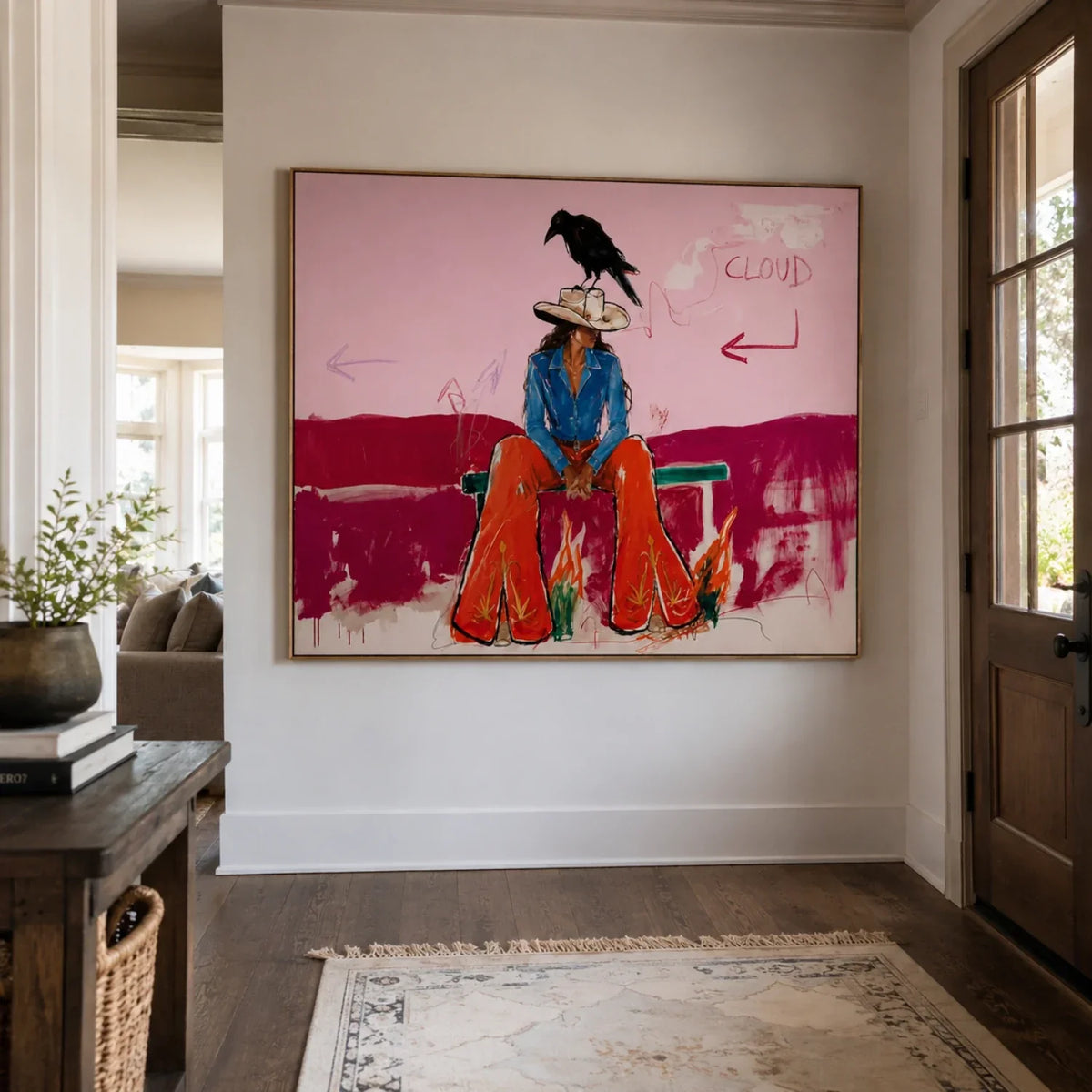 "Crow’s Cowgirl" - Modern Heavy Impasto Western Animal Artwork | Pink Palette Knife Painting | Luxury Horizontal Wall Art #PT 2654