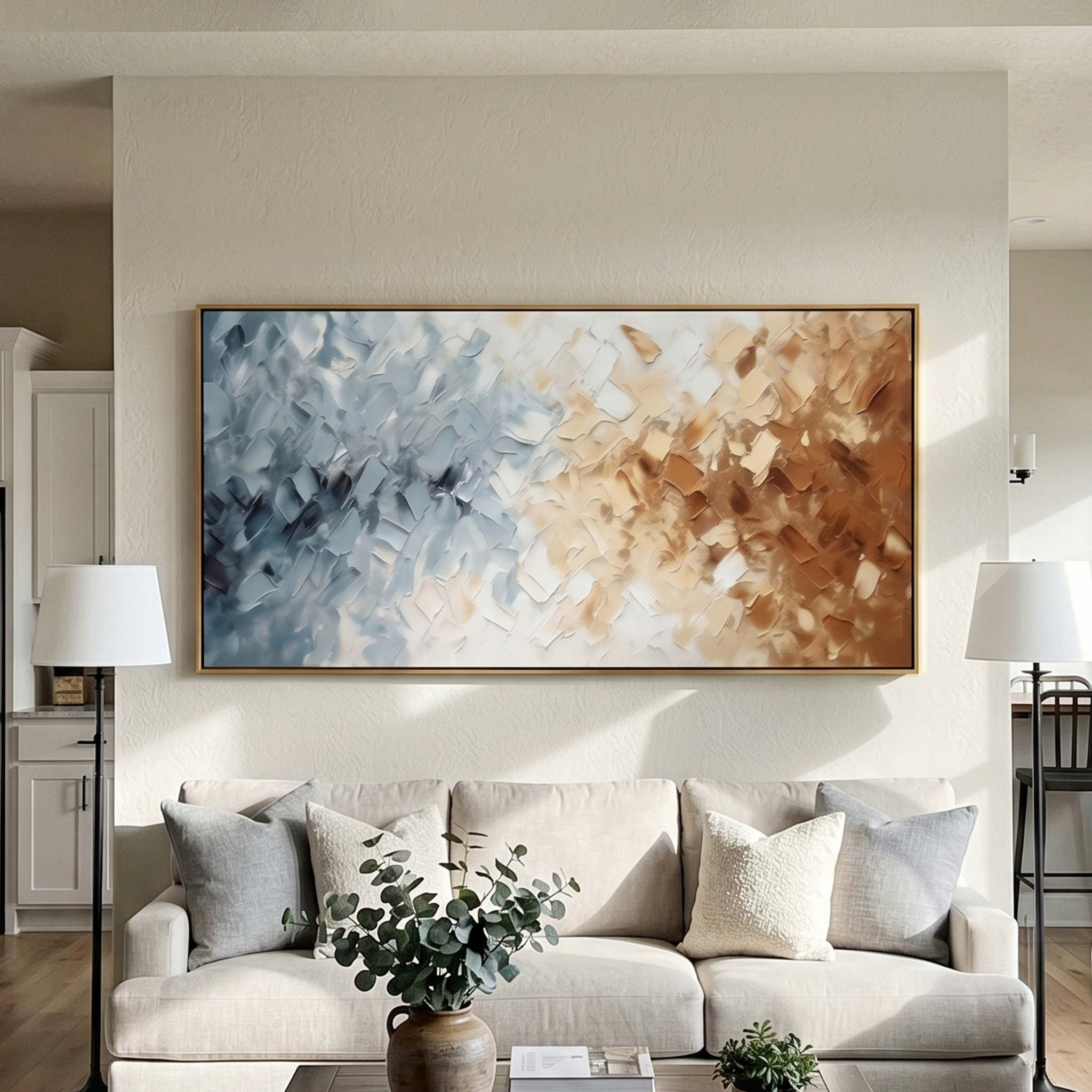 "The Convergence of Eras" – Modern Heavy Impasto Abstract | 3D Blue & Caramel Palette Knife Painting | Luxury Horizontal Wall Art #PT 542