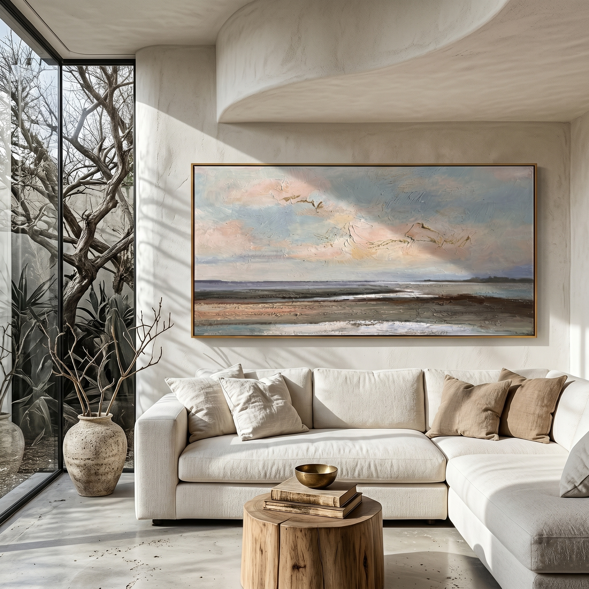 "The Coastal Prelude" – Modern Impressionist Vast Seascape | Ethereal Blue & Earth Tone Horizontal Gallery Art #LC152