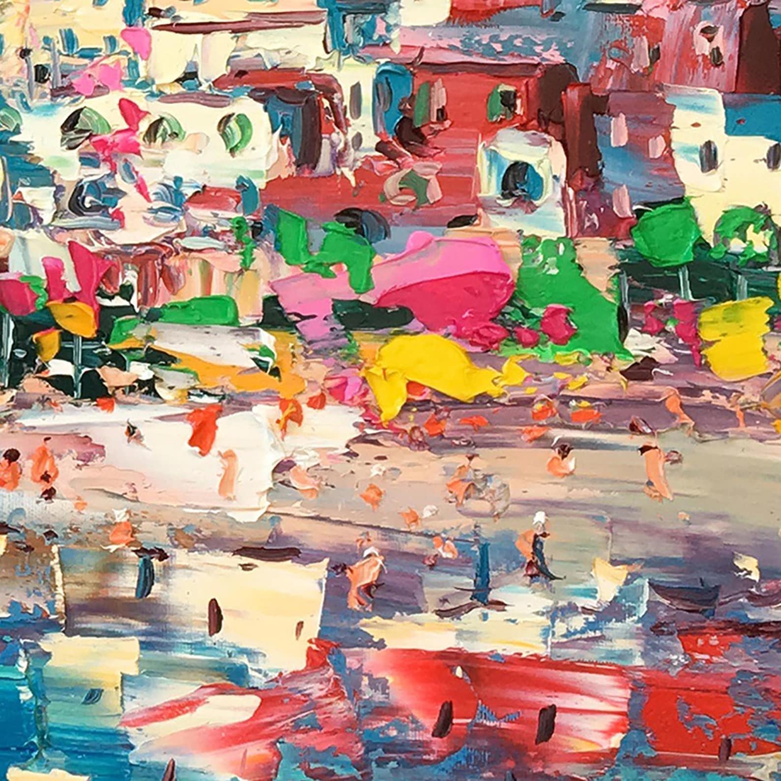 "Pastel Positano Beach Harbor" - Modern Heavy Impasto Mediterranean Landscape | 3D Turquoise Sea & Multicolored Village Palette Knife Painting | Luxury Horizontal Wall Art #PT 582