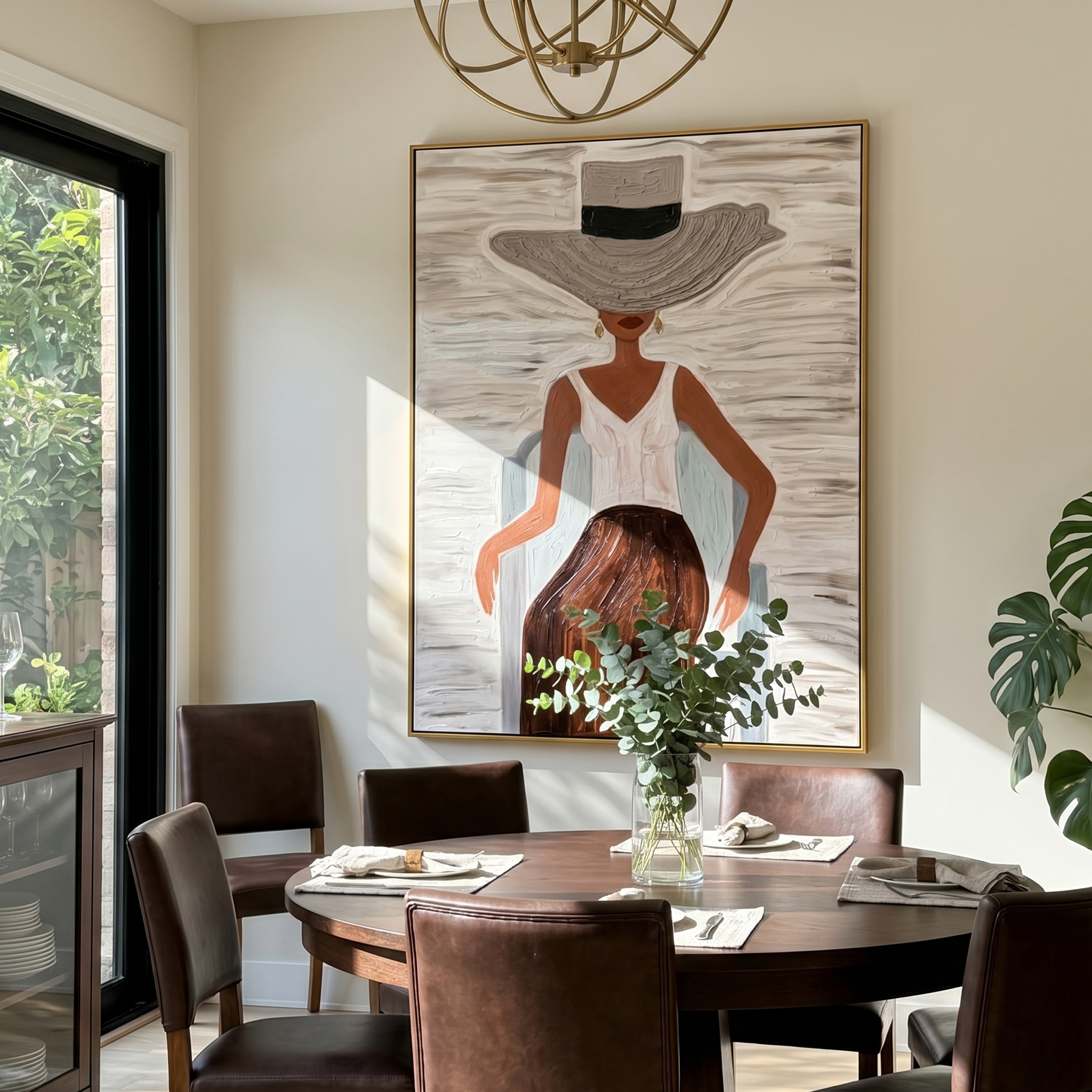 Sunhat Serenity" – Expressive Impasto Figurative Artwork | Tactile Neutral Tone Woman in Chair Art | Luxury Minimalist Statement Wall Art #PE 502