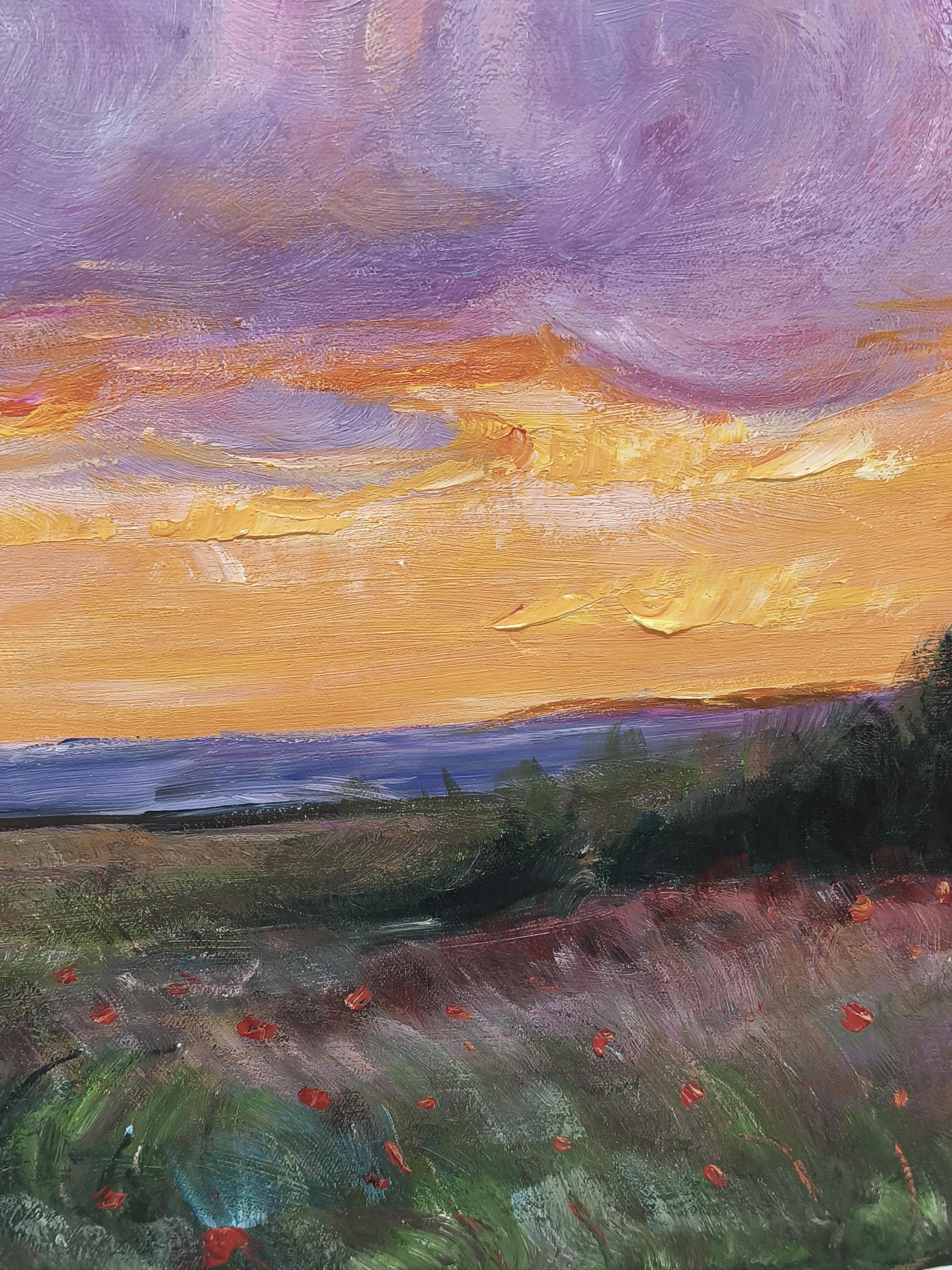 "Lavender Sunset Poppy Meadow" – Modern Heavy Impasto Impressionist Landscape | 3D Dusk Violet & Tangerine Glow Palette Knife Painting | Luxury Vertical Wall Art #PT 571