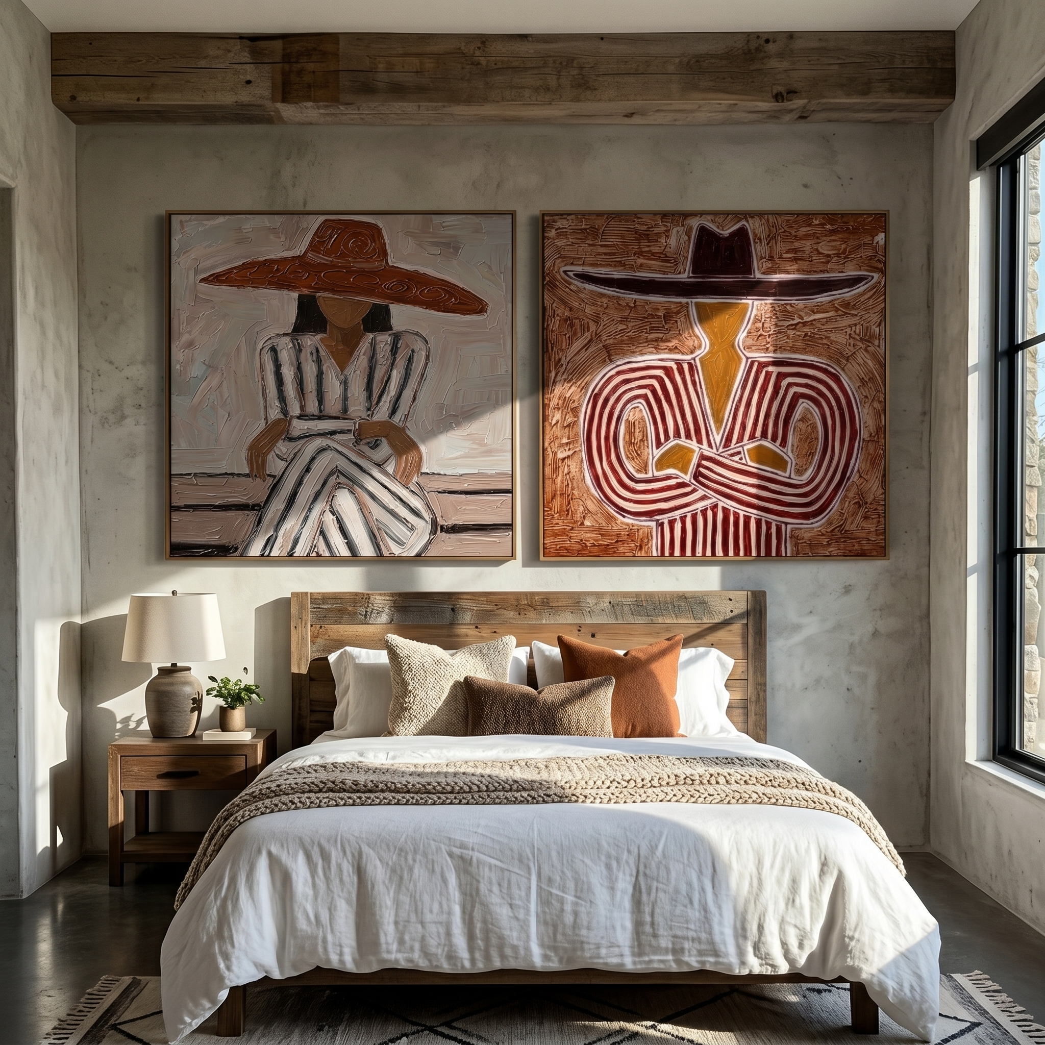 "Striped Hat Couple Diptych" – Modern Heavy Impasto Stylized Figurative | 3D Terracotta Russet & Muted Taupe Palette Knife Painting | Luxury Two-Panel Square Wall Art Set #PE 528