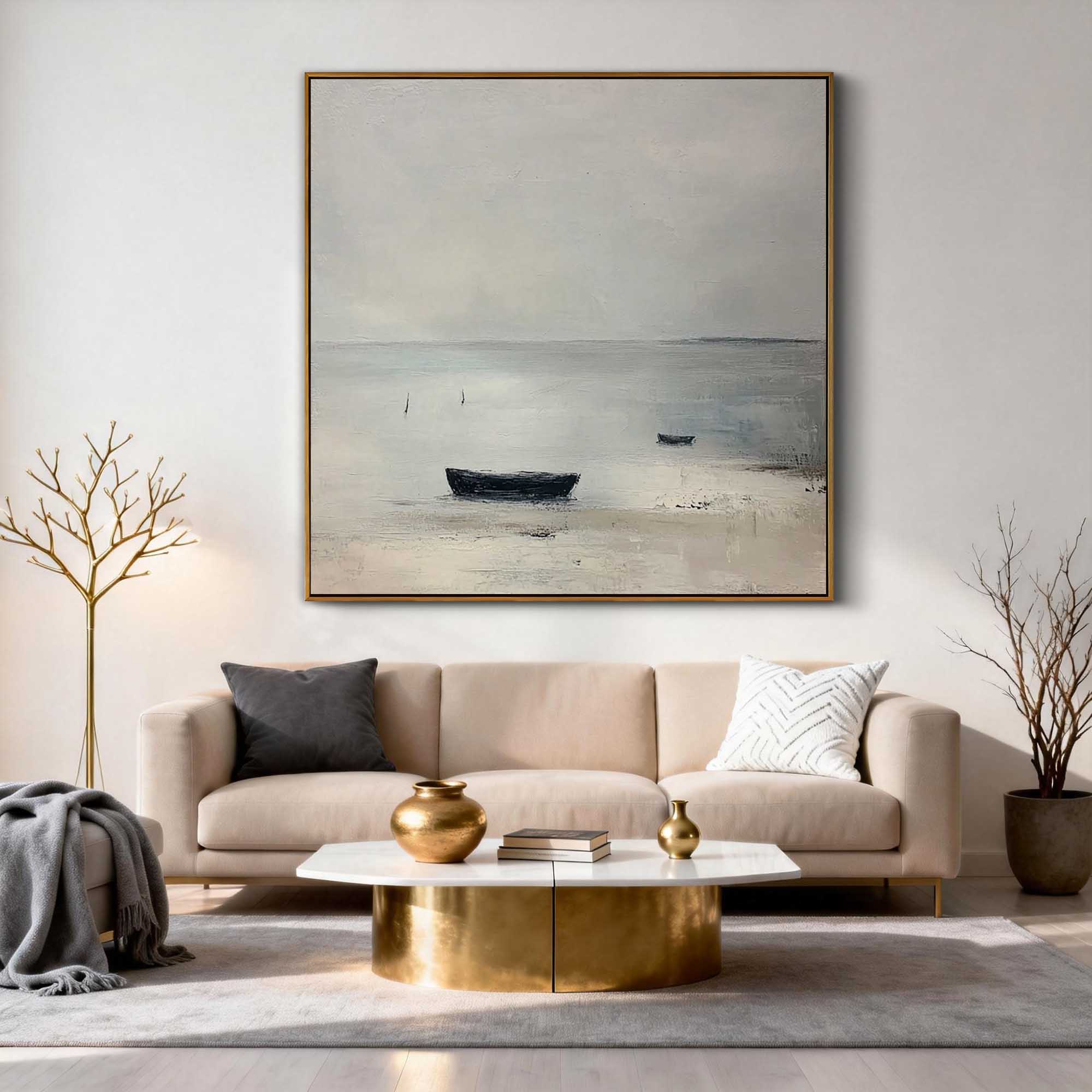 "The Silent Moor" – Modern Zen Minimalist Boat Abstract | Misty Gray Seascape Wabi-Sabi Gallery Art #WS 228