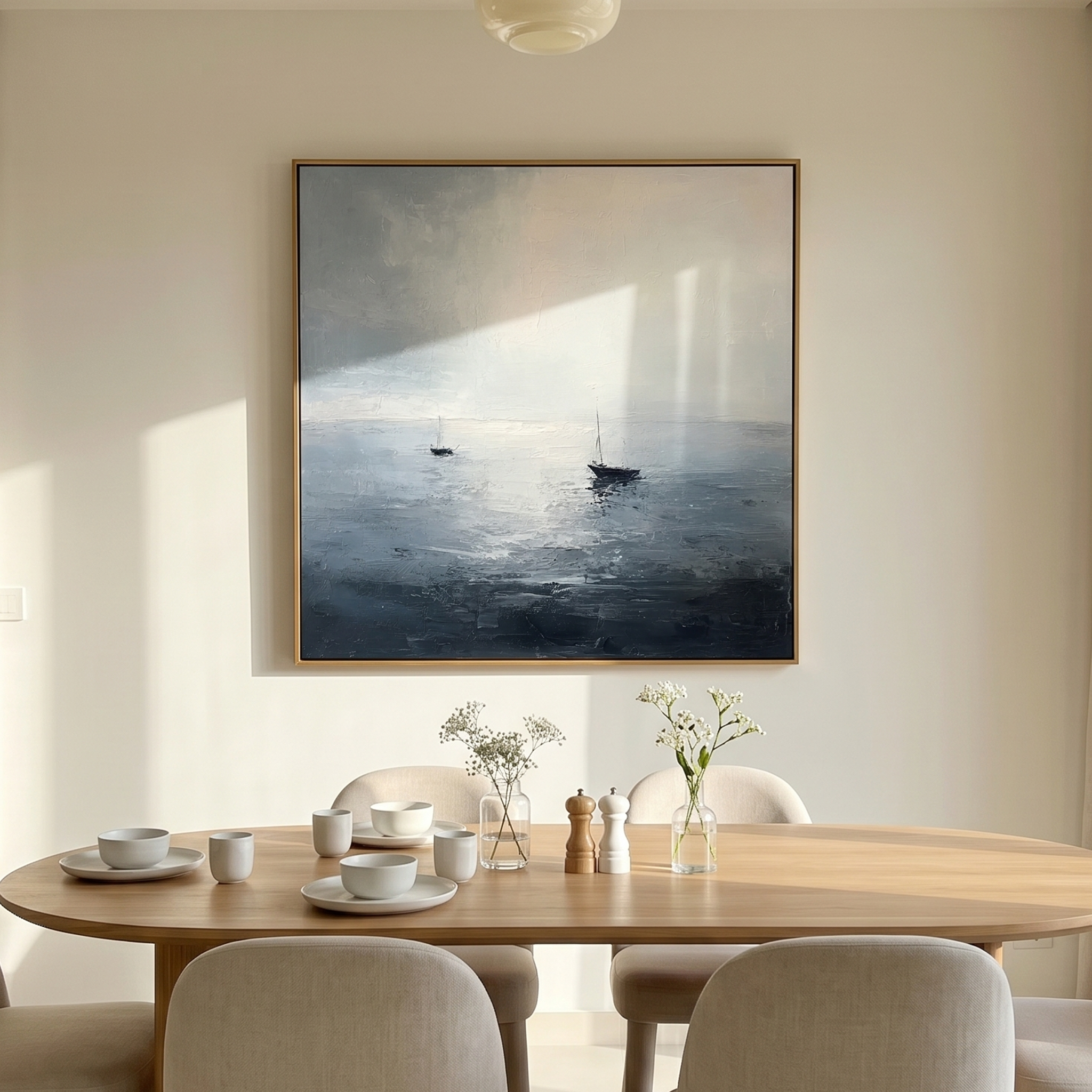 "The Silent Horizon" – Palette Knife Textured Seascape | Luxury Abstract Sailboat Painting for Modern Interiors #WS 234