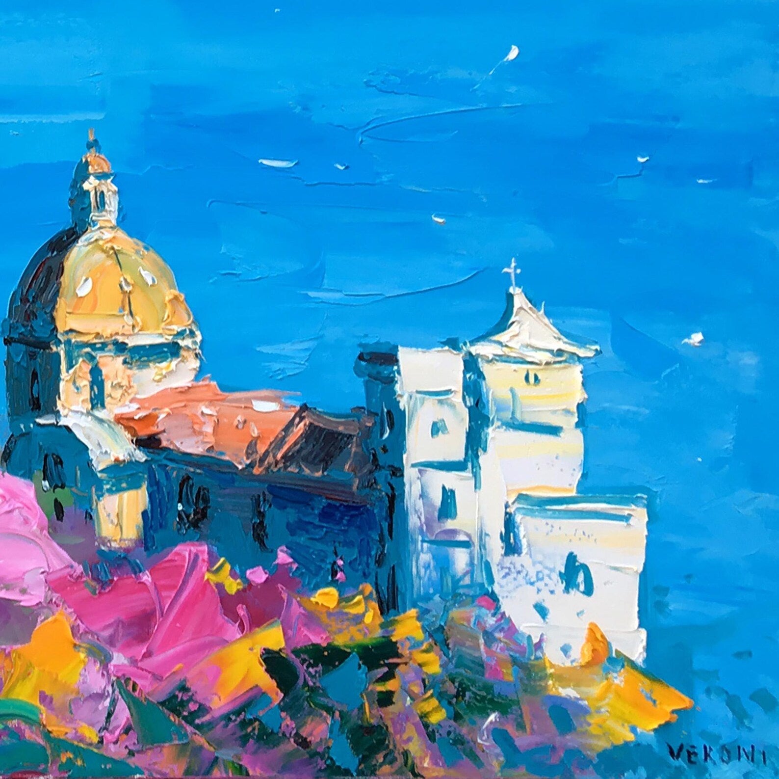 "Mediterranean Cliffside Floral Village" - Modern Heavy Impasto Coastal Landscape | 3D Azure Ocean & Fuchsia Floral Palette Knife Painting | Luxury Horizontal Wall Art #PT 581