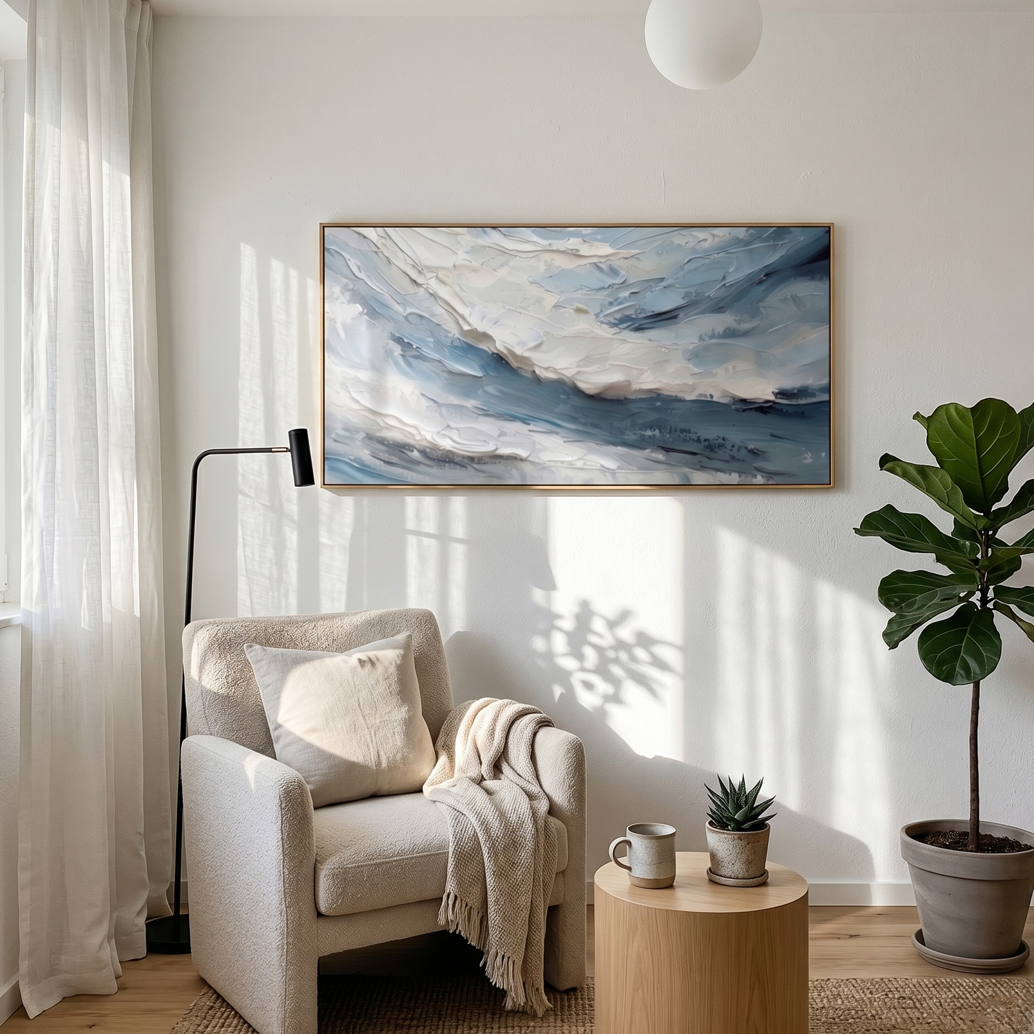 "Frozen Tide" – 3D Sculptural Heavy Impasto Wave | Modern Minimalist Blue & White Horizontal Gallery Art #PT 544