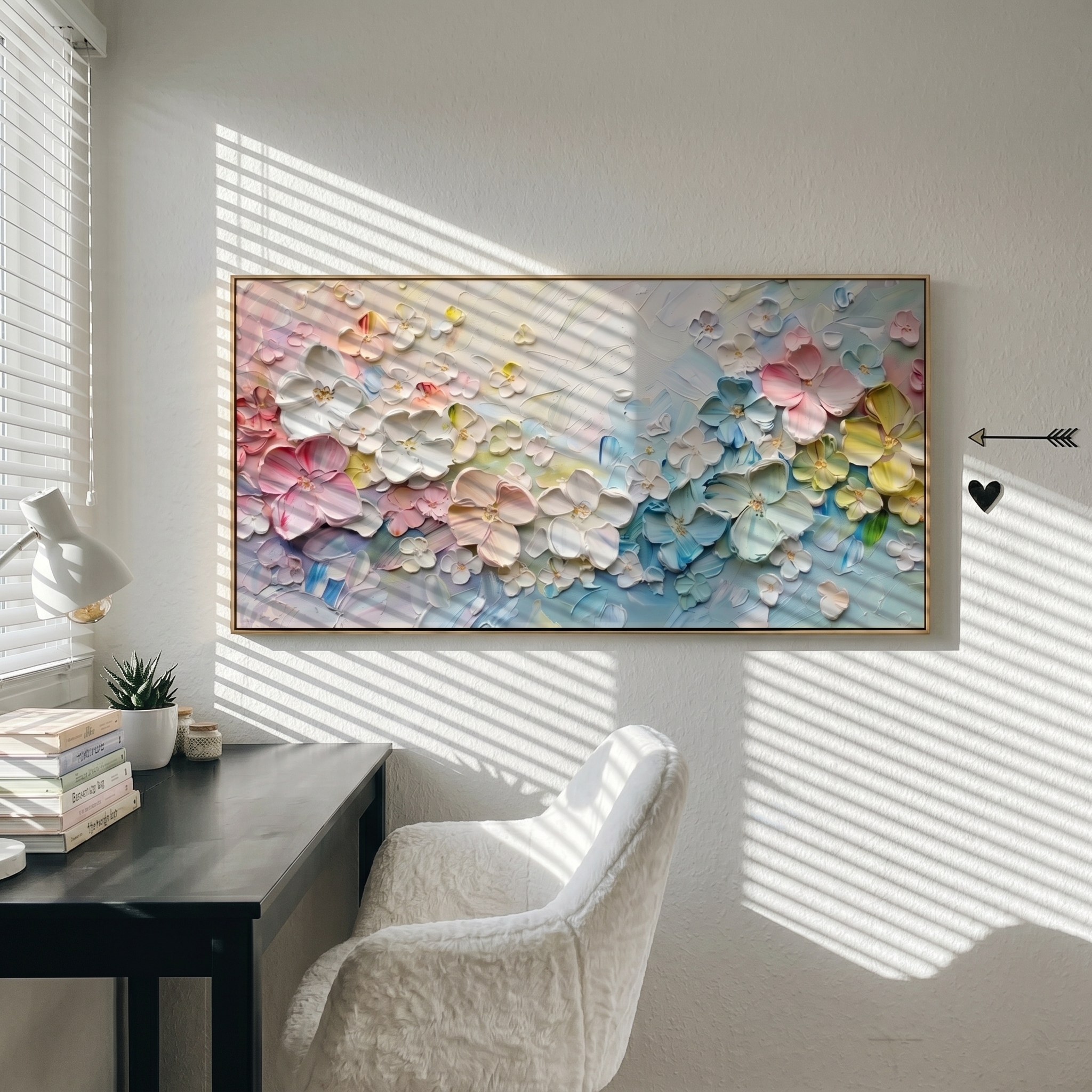 "Floral Sanctuary" – 3D Sculptural Heavy Impasto Blossom | Modern Creamy Style Healing Long Horizontal Wall Art #PT 546