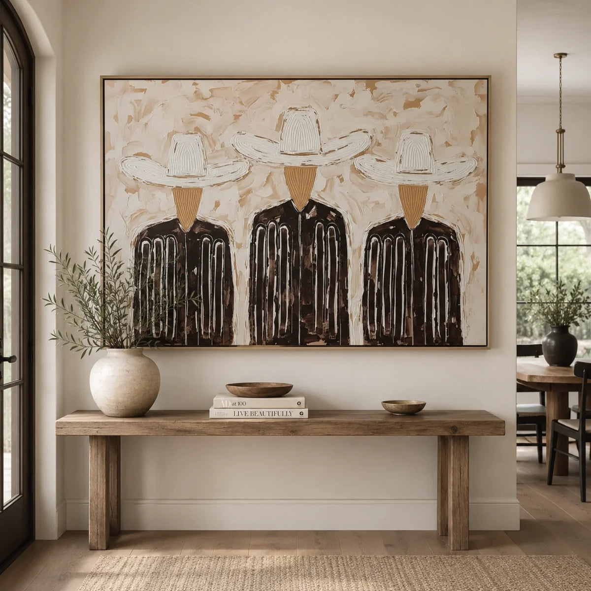 "Trinity in Linen" - Modern Heavy Impasto Abstract Artwork | Black & Golden Palette Knife Painting | Luxury Horizontal Wall Art #PT 2655