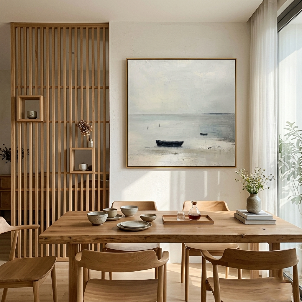 "The Silent Moor" – Modern Zen Minimalist Boat Abstract | Misty Gray Seascape Wabi-Sabi Gallery Art #WS 228