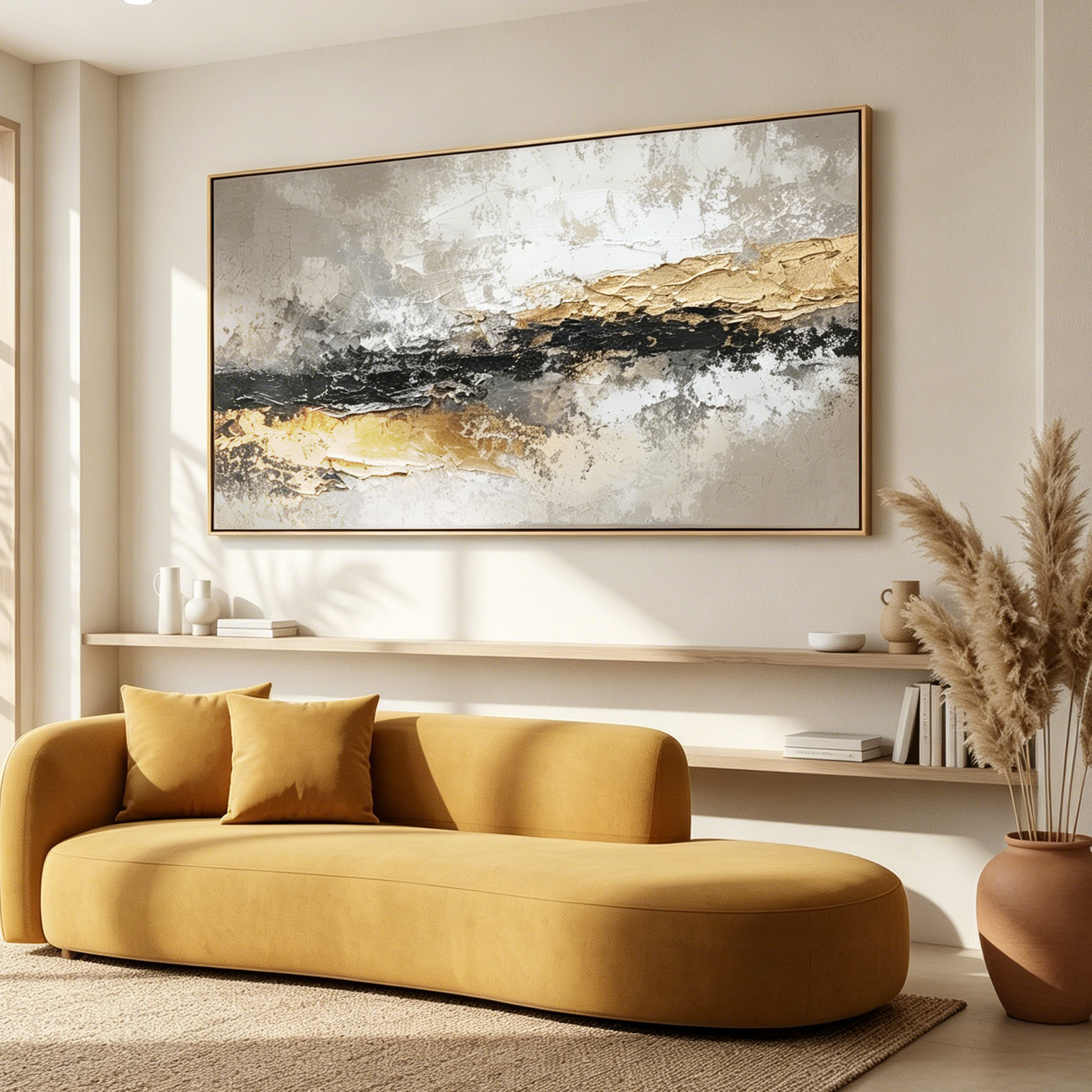 "Tectonic Rift" – Luxury 3D Sculptural Gold Foil Relief | Modern Wabi-Sabi Gray Texture Horizontal Art #WS 240