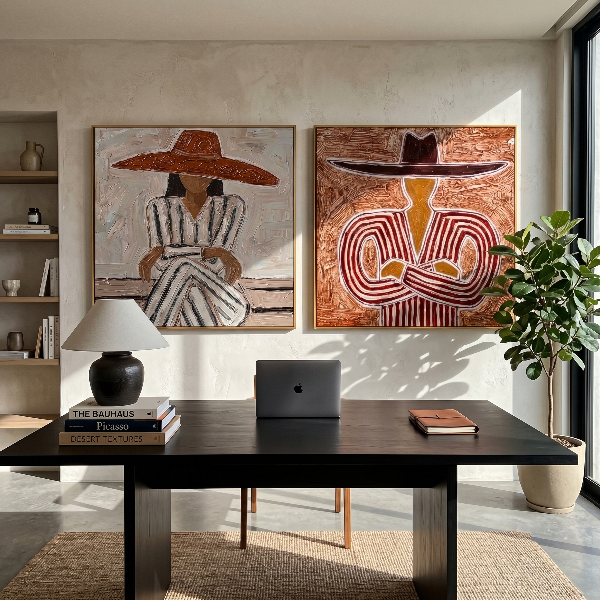 "Striped Hat Couple Diptych" – Modern Heavy Impasto Stylized Figurative | 3D Terracotta Russet & Muted Taupe Palette Knife Painting | Luxury Two-Panel Square Wall Art Set #PE 528