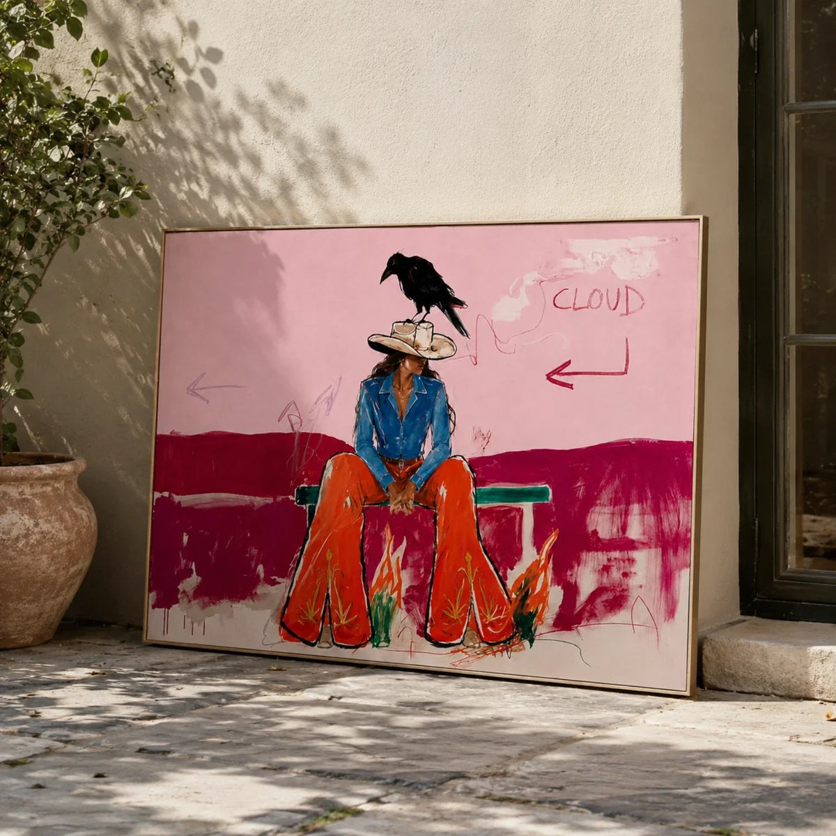 "Crow’s Cowgirl" - Modern Heavy Impasto Western Animal Artwork | Pink Palette Knife Painting | Luxury Horizontal Wall Art #PT 2654