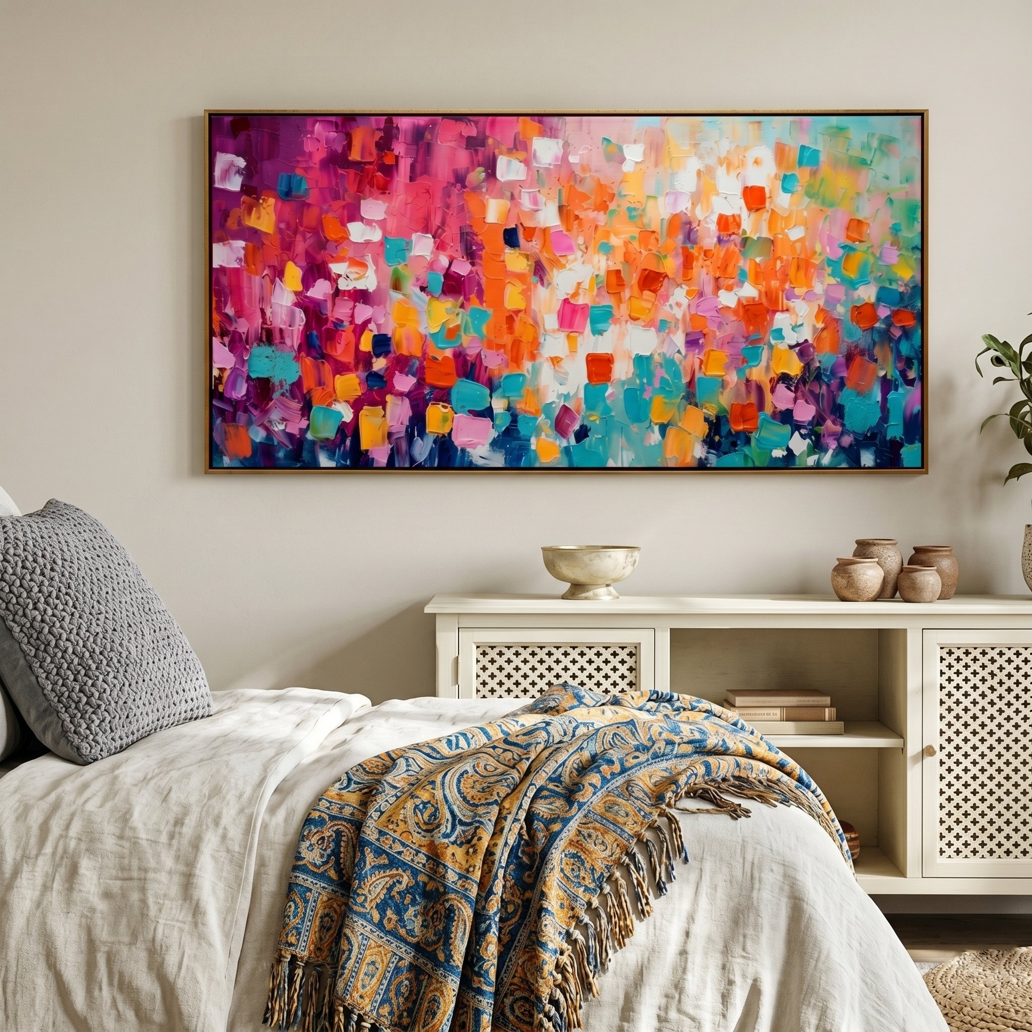 "Chromatic Celebration" – Modern Vibrant Mosaic Impasto | Dopamine Style Horizontal Statement Art #AB998