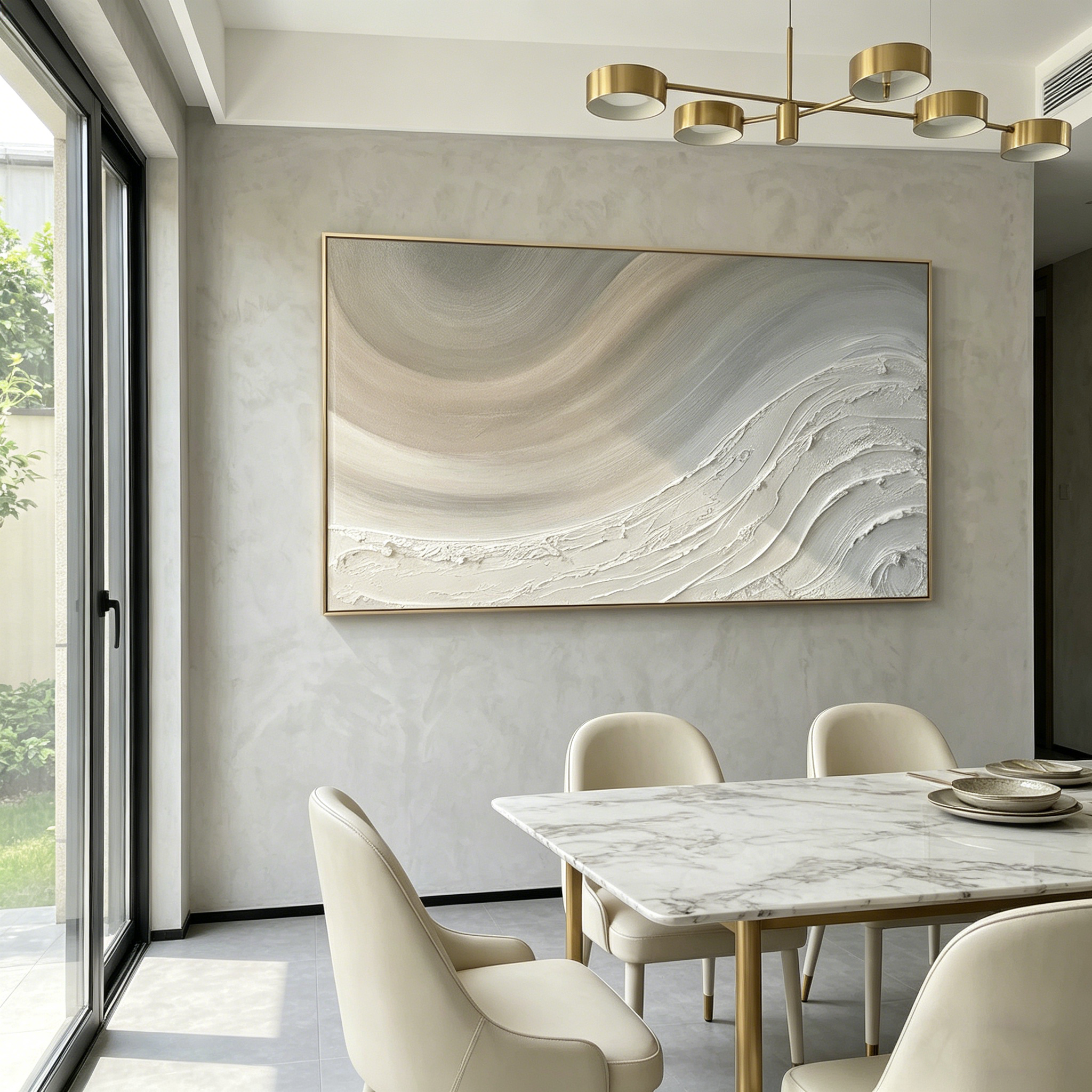 "Ethereal Tides" – 3D Sculptural Heavy Impasto Relief | Minimalist Creamy Gray Wabi-Sabi Horizontal Art#WS 239
