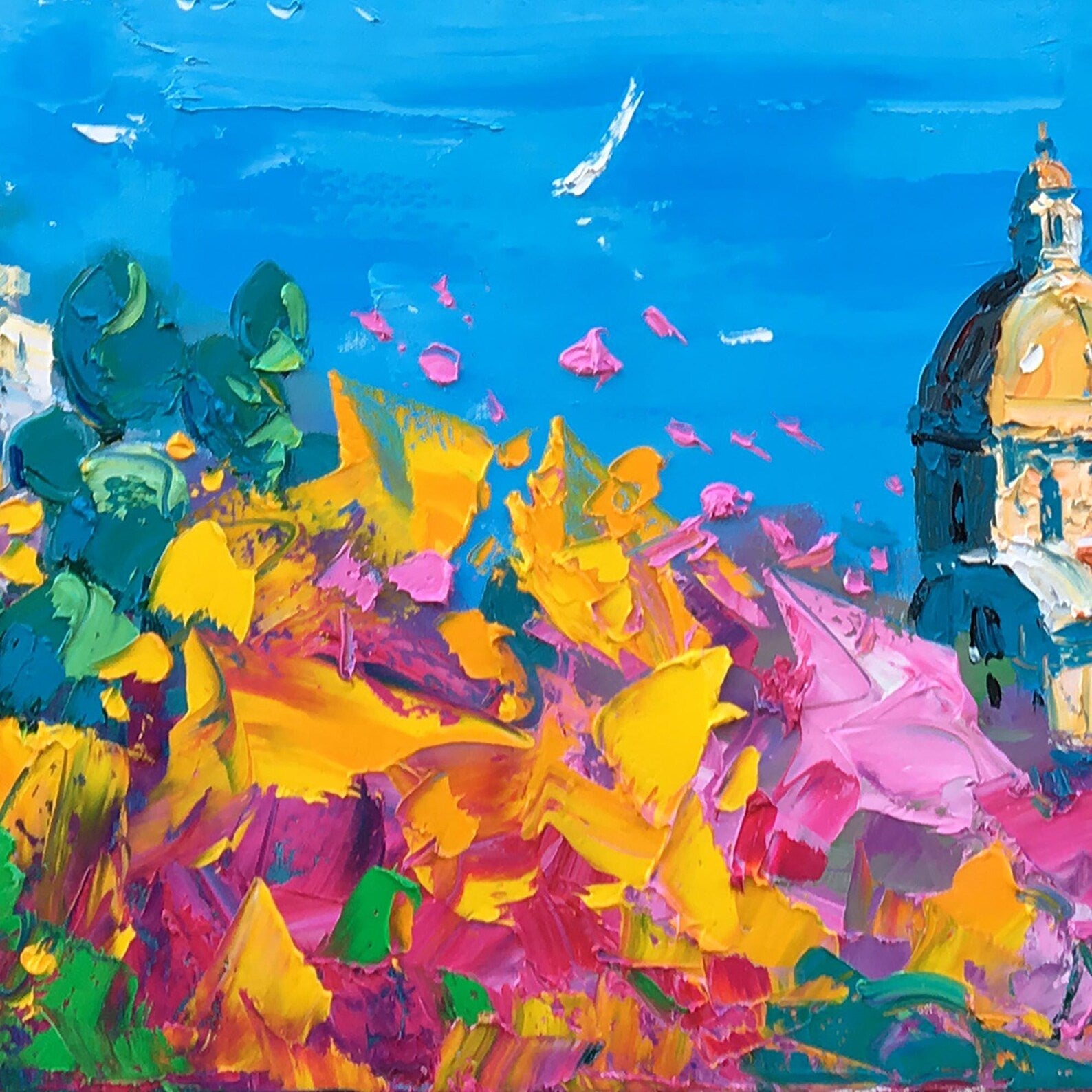 "Mediterranean Cliffside Floral Village" - Modern Heavy Impasto Coastal Landscape | 3D Azure Ocean & Fuchsia Floral Palette Knife Painting | Luxury Horizontal Wall Art #PT 581