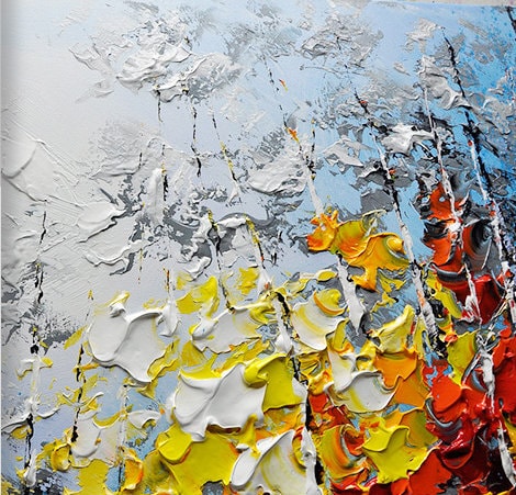 "Vivid Autumn Birch Grove" – Modern Heavy Impasto Impressionist Forest Landscape | 3D Cool Cerulean & Fiery Amber Palette Knife Painting | Luxury Horizontal Wall Art #PT 576