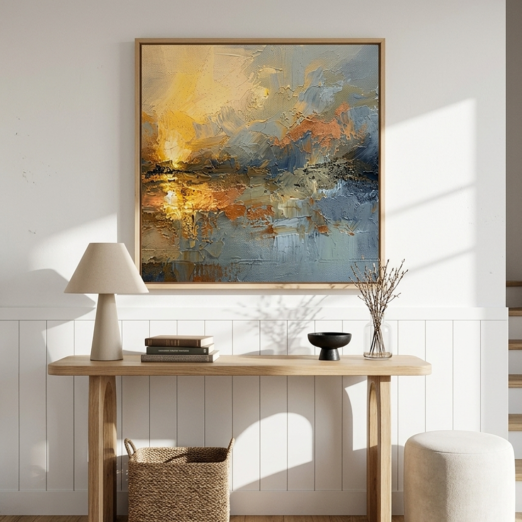 "Ethereal Dawn" – Modern Impressionist Sunrise Abstract | Bold Amber Gold & Mist Blue Gallery Wall Art #AB1022