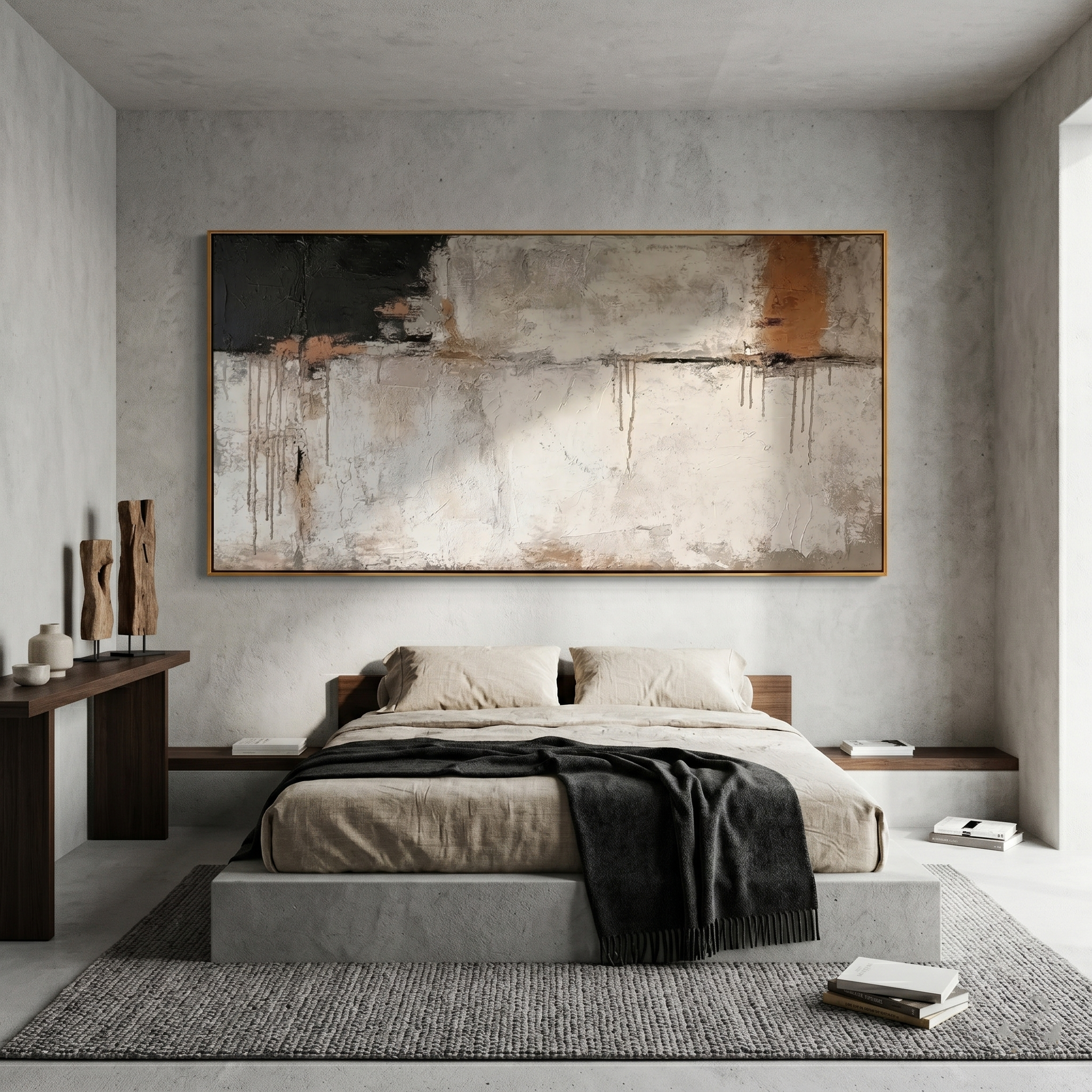 "Echo of the Plains" – Modern Industrial Heavy Impasto Abstract | Minimalist Wabi-Sabi Black & Gray Horizontal Art #WS 238
