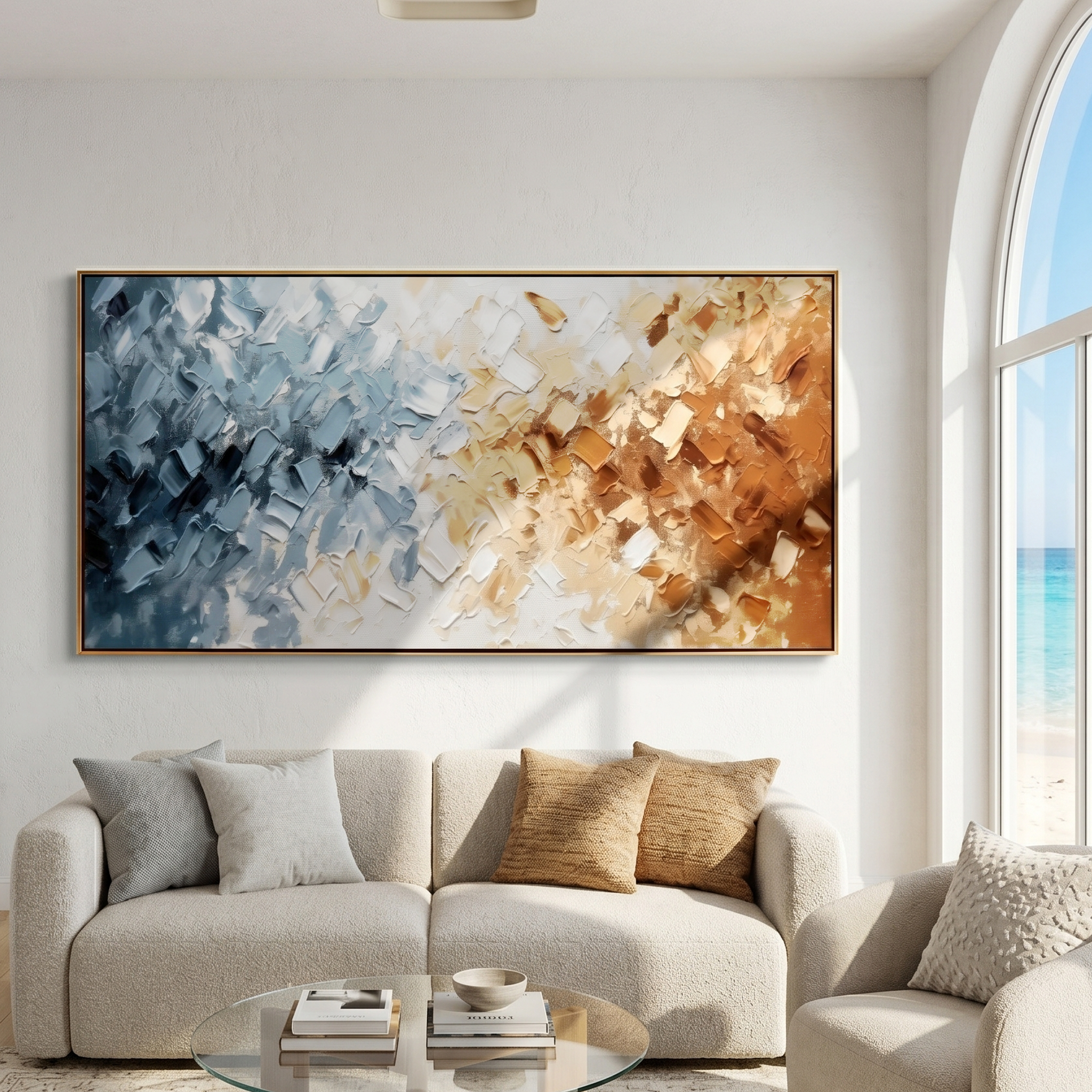 "The Convergence of Eras" – Modern Heavy Impasto Abstract | 3D Blue & Caramel Palette Knife Painting | Luxury Horizontal Wall Art #PT 542